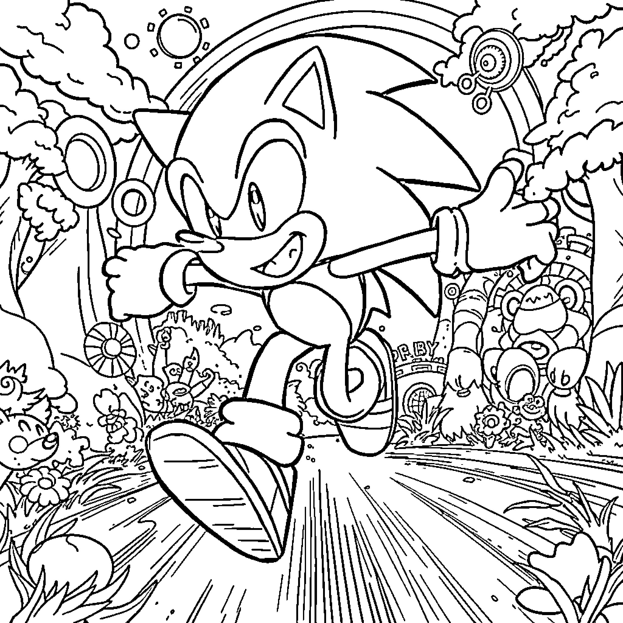 Sonic's Whimsical Adventure in the Vibrant Landscape Coloring Page (free black-and-white line drawing printable PDF for all, from beginners to advanced learners, including children, teens, adults, and seniors)