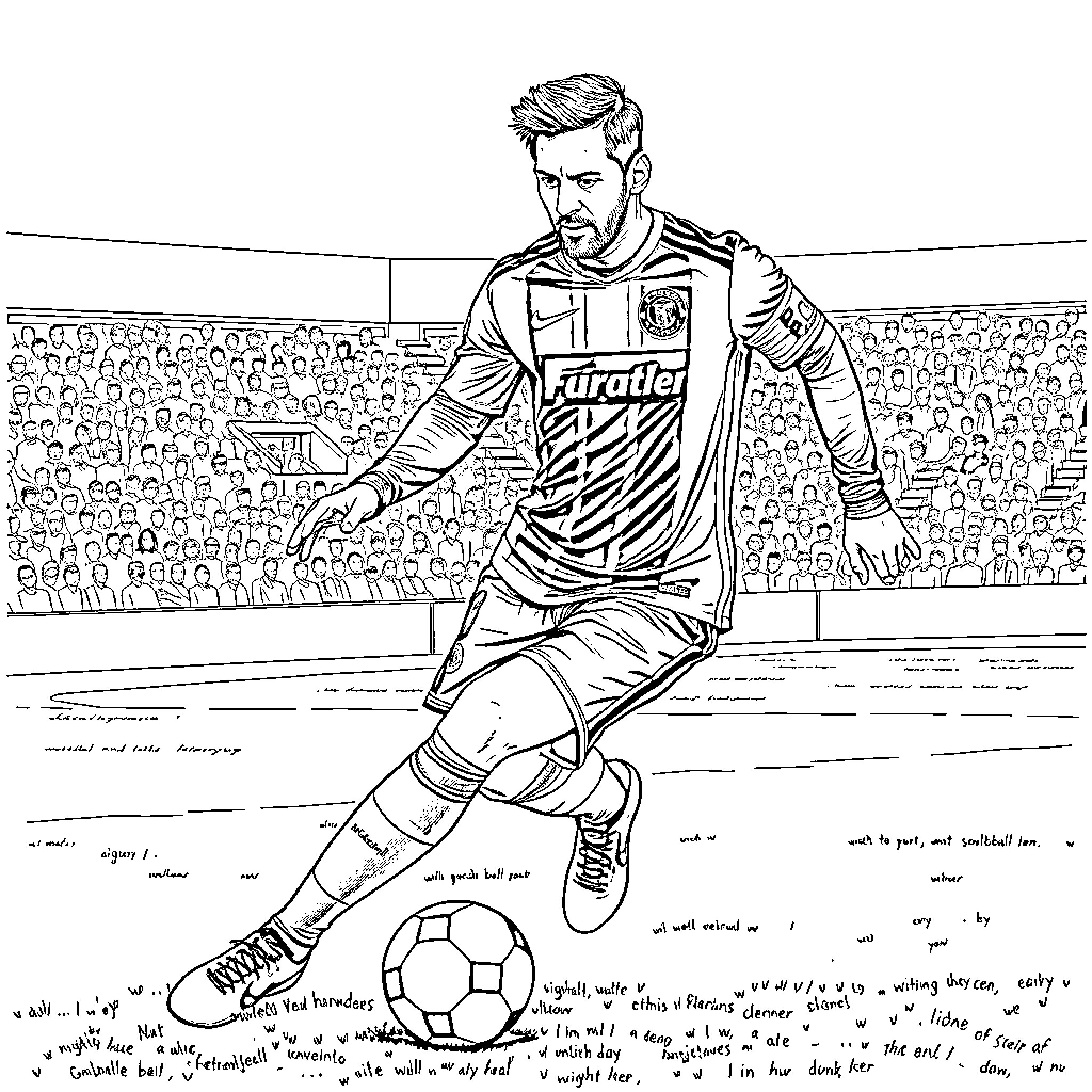Messi dribbling on the pitch in soccer uniform Coloring Page (free black-and-white line drawing printable PDF for all, from beginners to advanced learners, including children, teens, adults, and seniors)