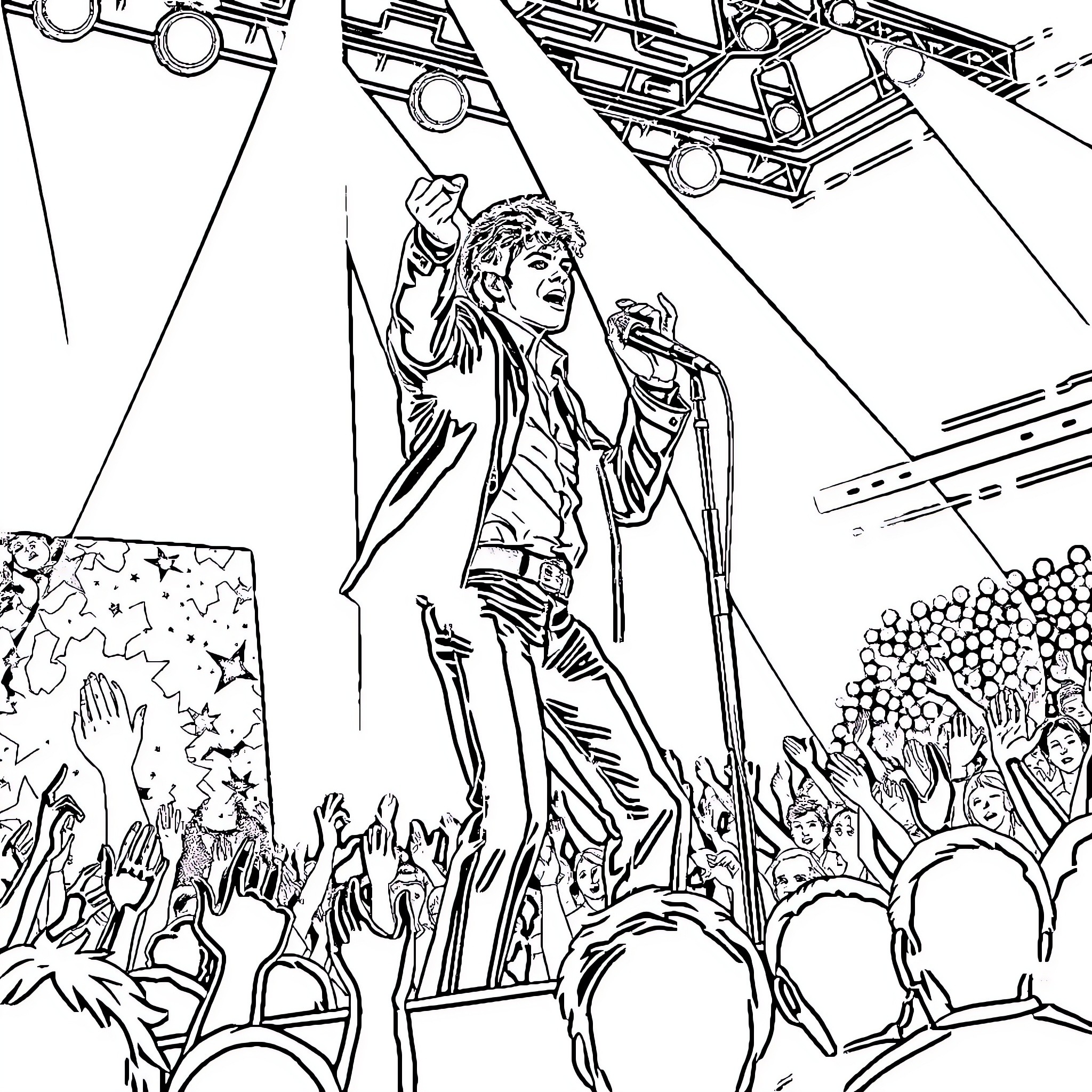 Michael Jackson performing on stage with energetic crowd Coloring Page (free black-and-white line drawing printable PDF for all, from beginners to advanced learners, including children, teens, adults, and seniors)