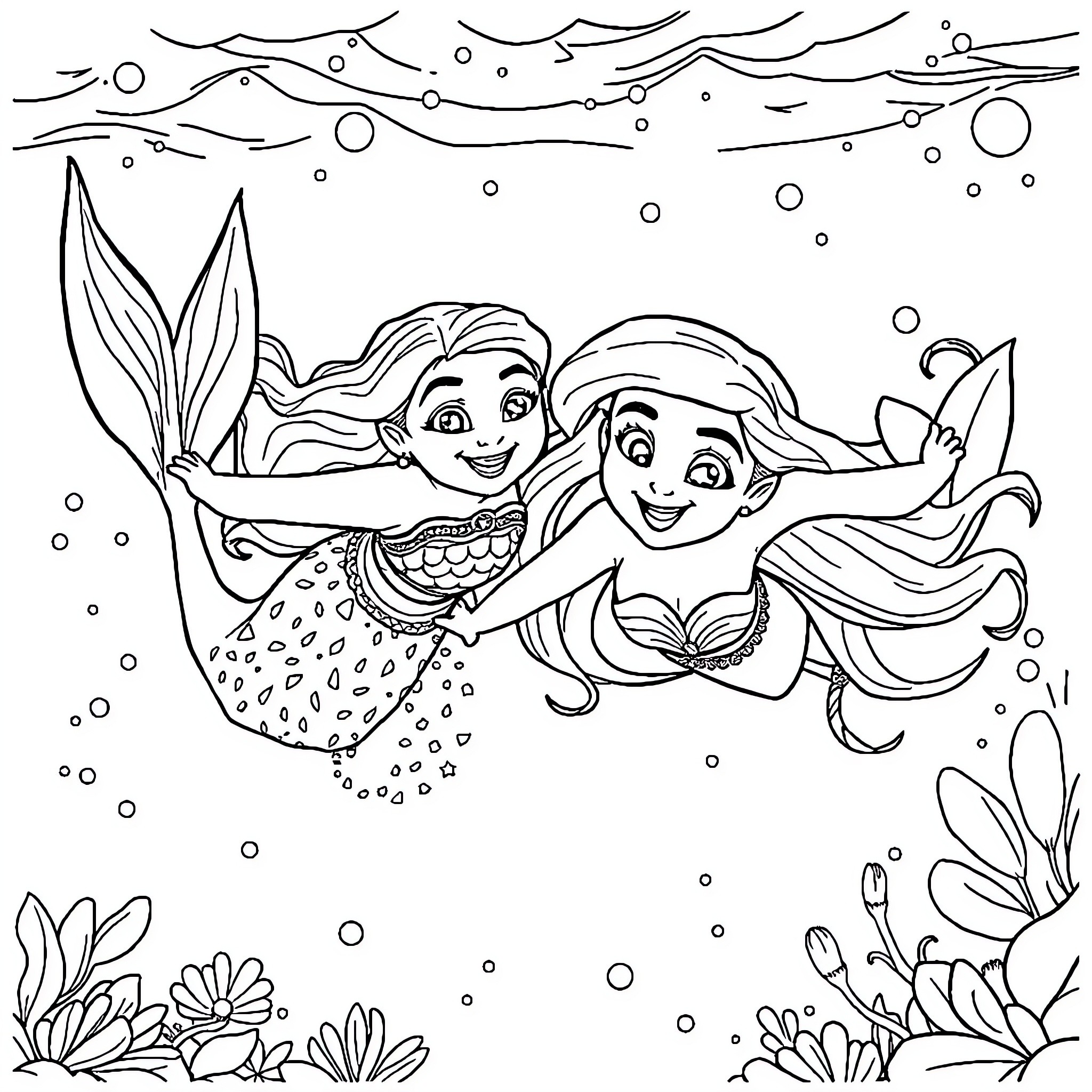 Moana and Friend Explore the Underwater Wonderland Coloring Page (free black-and-white line drawing printable PDF for all, from beginners to advanced learners, including children, teens, adults, and seniors)