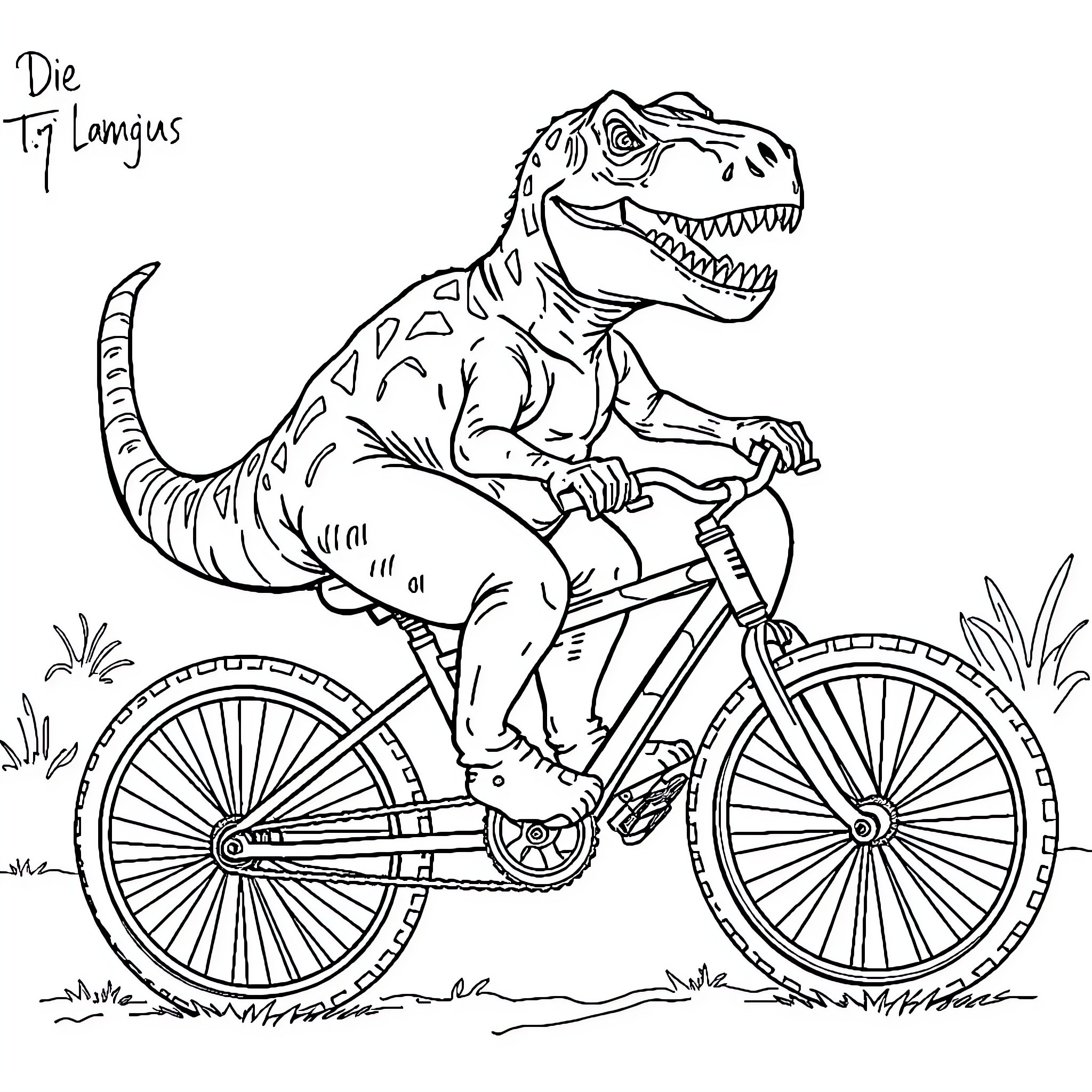 T-Rex riding a bicycle through nature Coloring Page (free black-and-white line drawing printable PDF for all, from beginners to advanced learners, including children, teens, adults, and seniors)