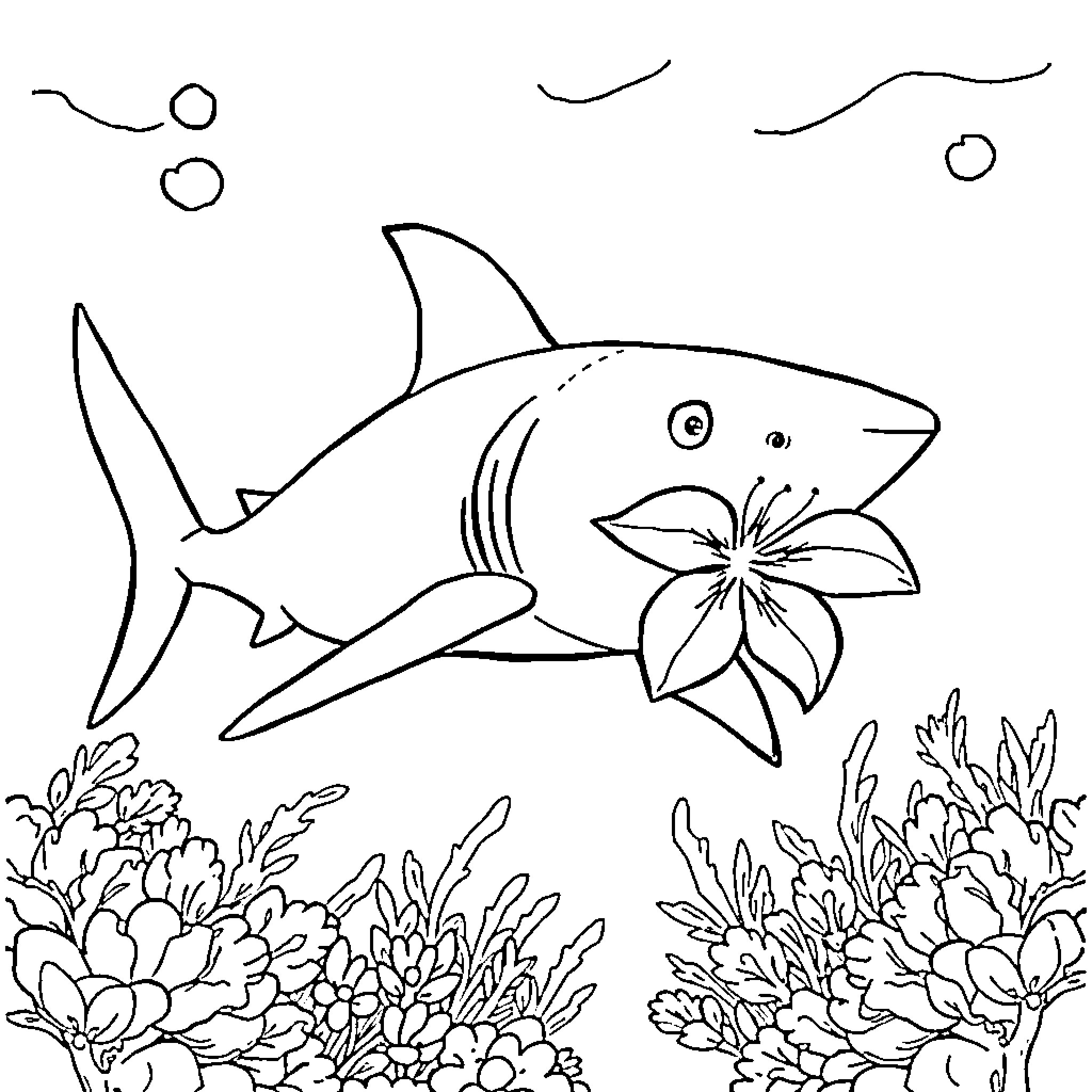 Shark with flower swimming in underwater garden Coloring Page (free black-and-white line drawing printable PDF for all, from beginners to advanced learners, including children, teens, adults, and seniors)