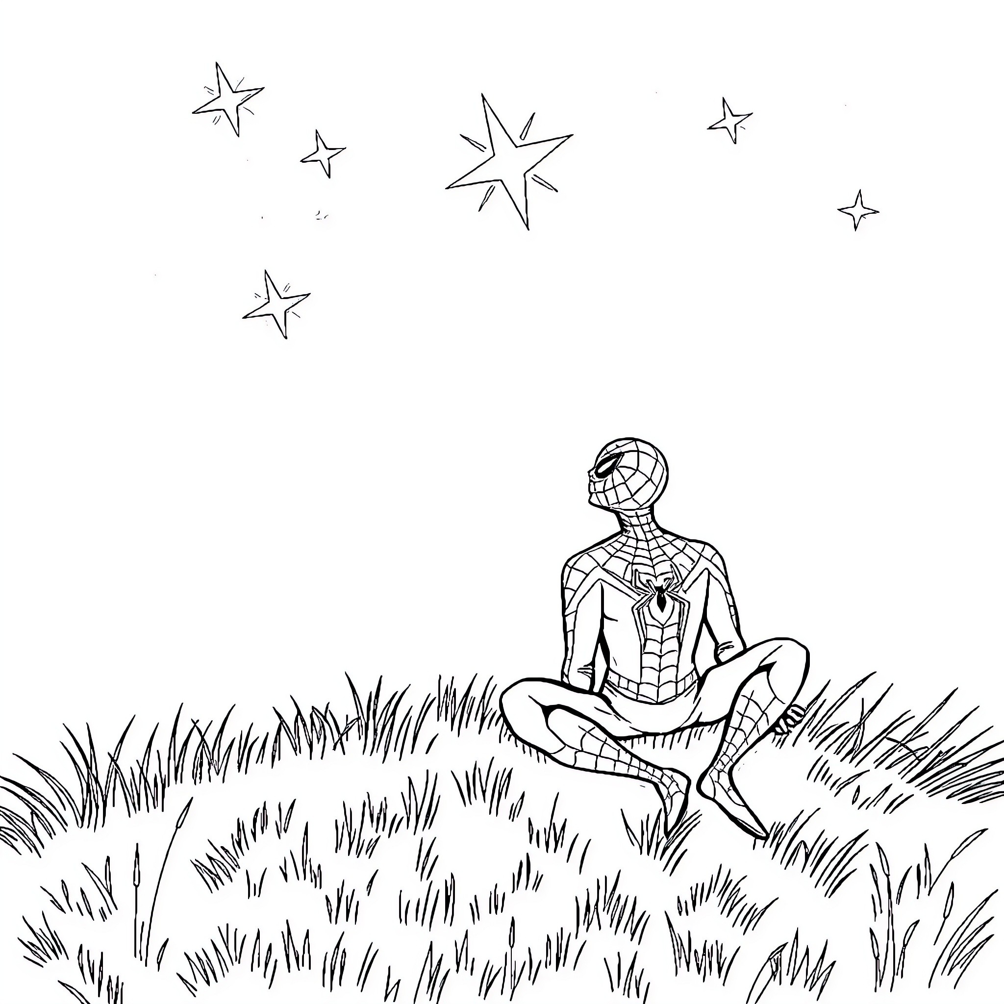 Spiderman contemplating in a grassy field under the stars Coloring Page (free black-and-white line drawing printable PDF for all, from beginners to advanced learners, including children, teens, adults, and seniors)