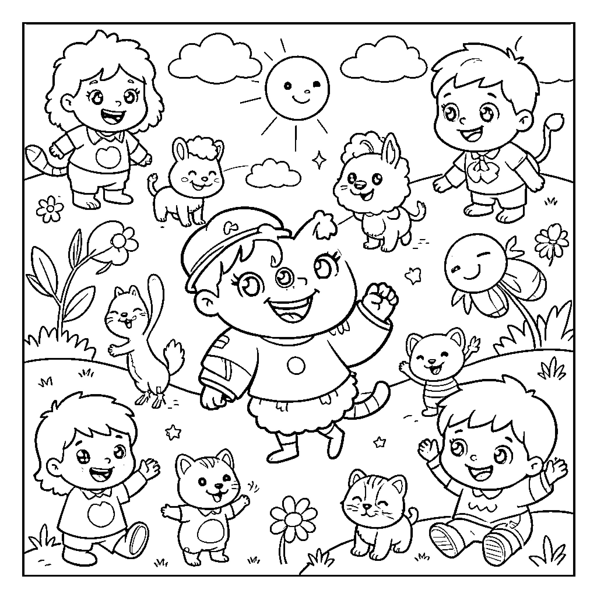 Drawing of Children Playing with Pets in Nature Coloring Page (free black-and-white line drawing printable PDF for all, from beginners to advanced learners, including children, teens, adults, and seniors)