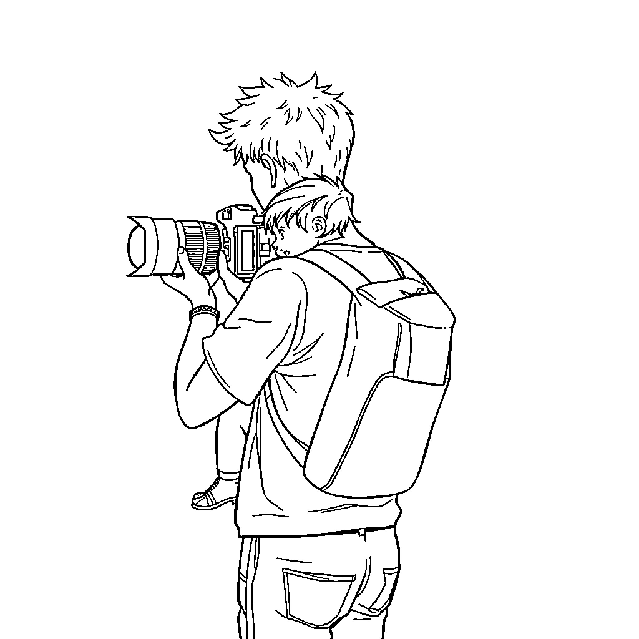 Kid exploring the world through camera Coloring Page (free black-and-white line drawing printable PDF for all, from beginners to advanced learners, including children, teens, adults, and seniors)