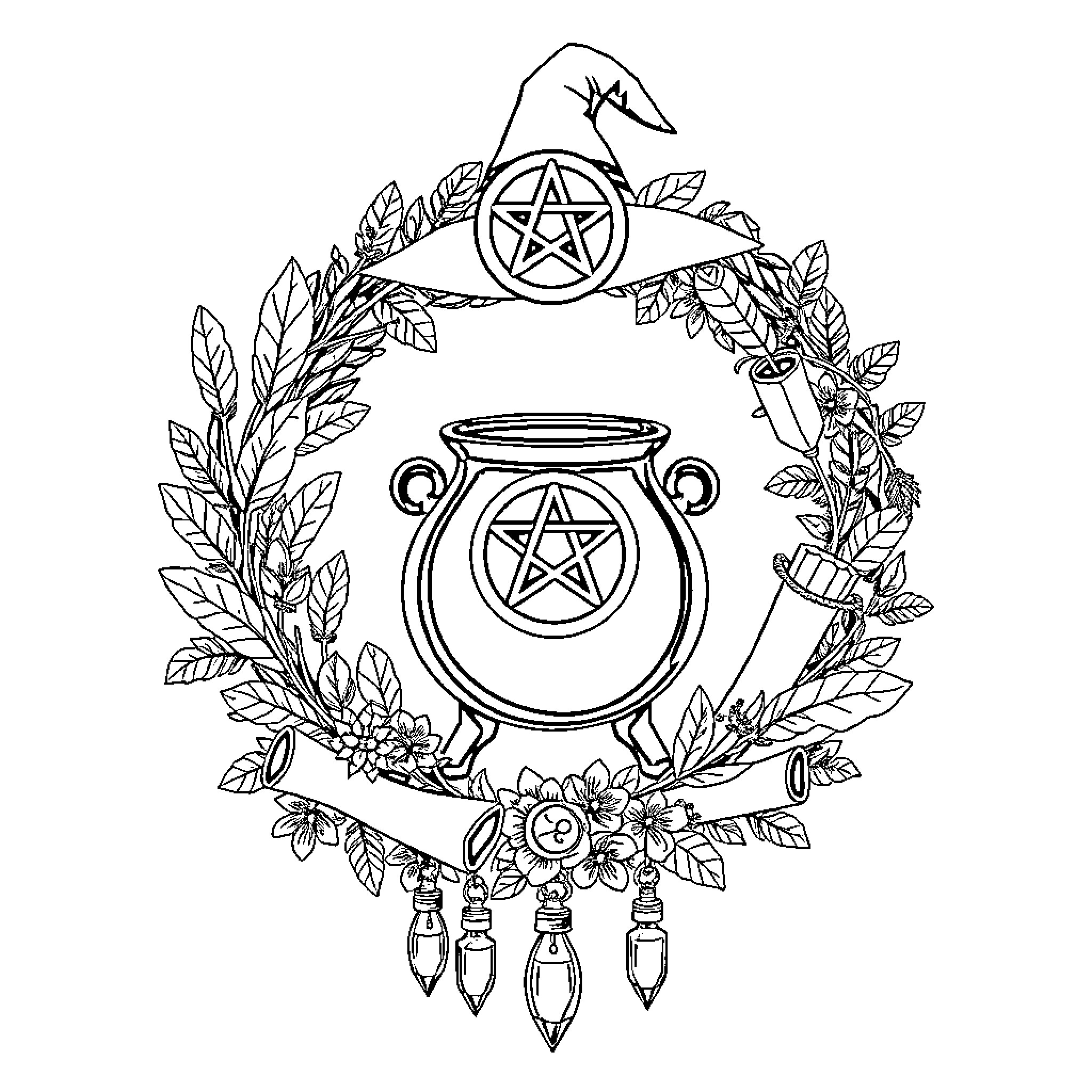 Wreath with Magical Symbols and Decorations Coloring Page (free black-and-white line drawing printable PDF for all, from beginners to advanced learners, including children, teens, adults, and seniors)
