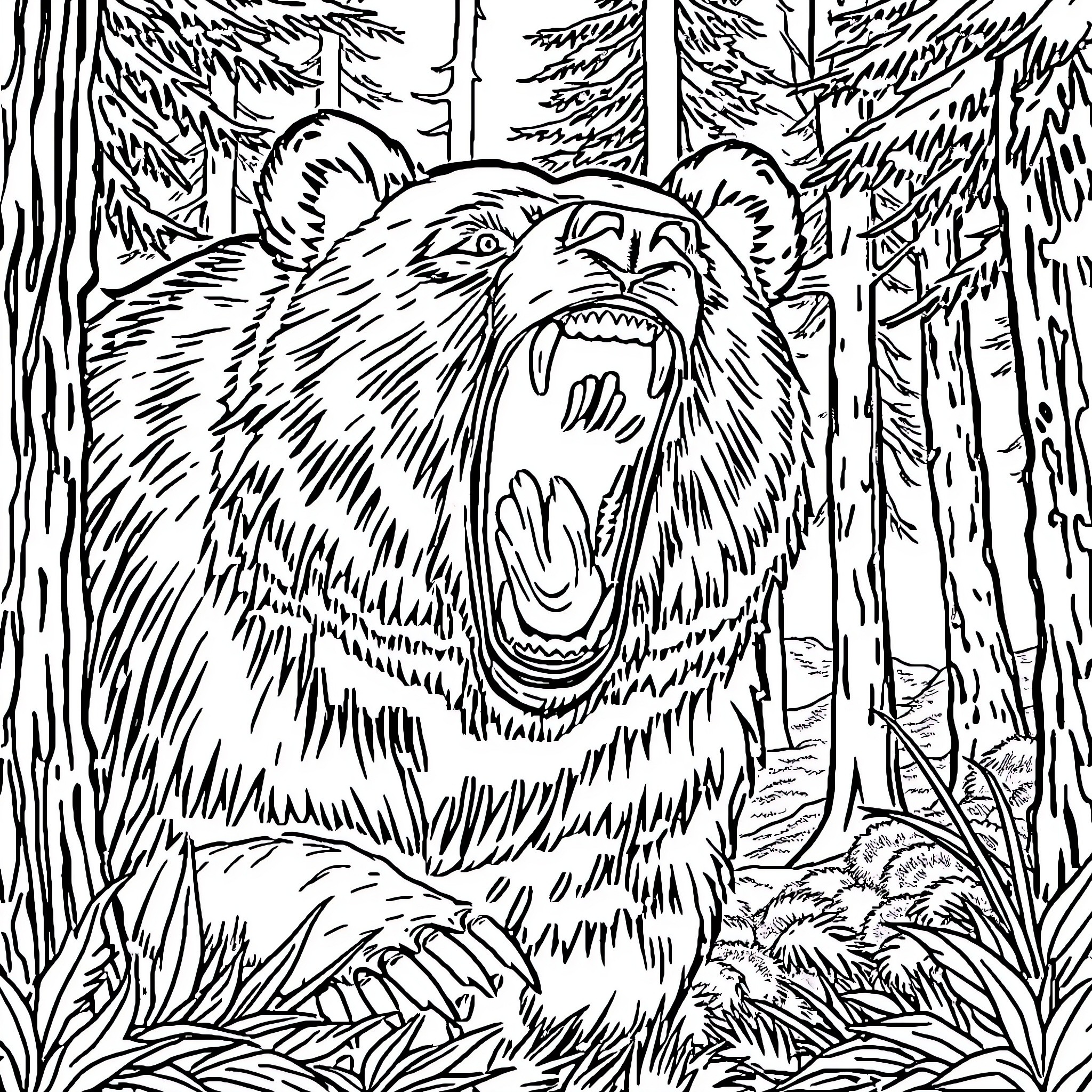 Bear roaring fiercely in the forest Coloring Page (free black-and-white line drawing printable PDF for all, from beginners to advanced learners, including children, teens, adults, and seniors)