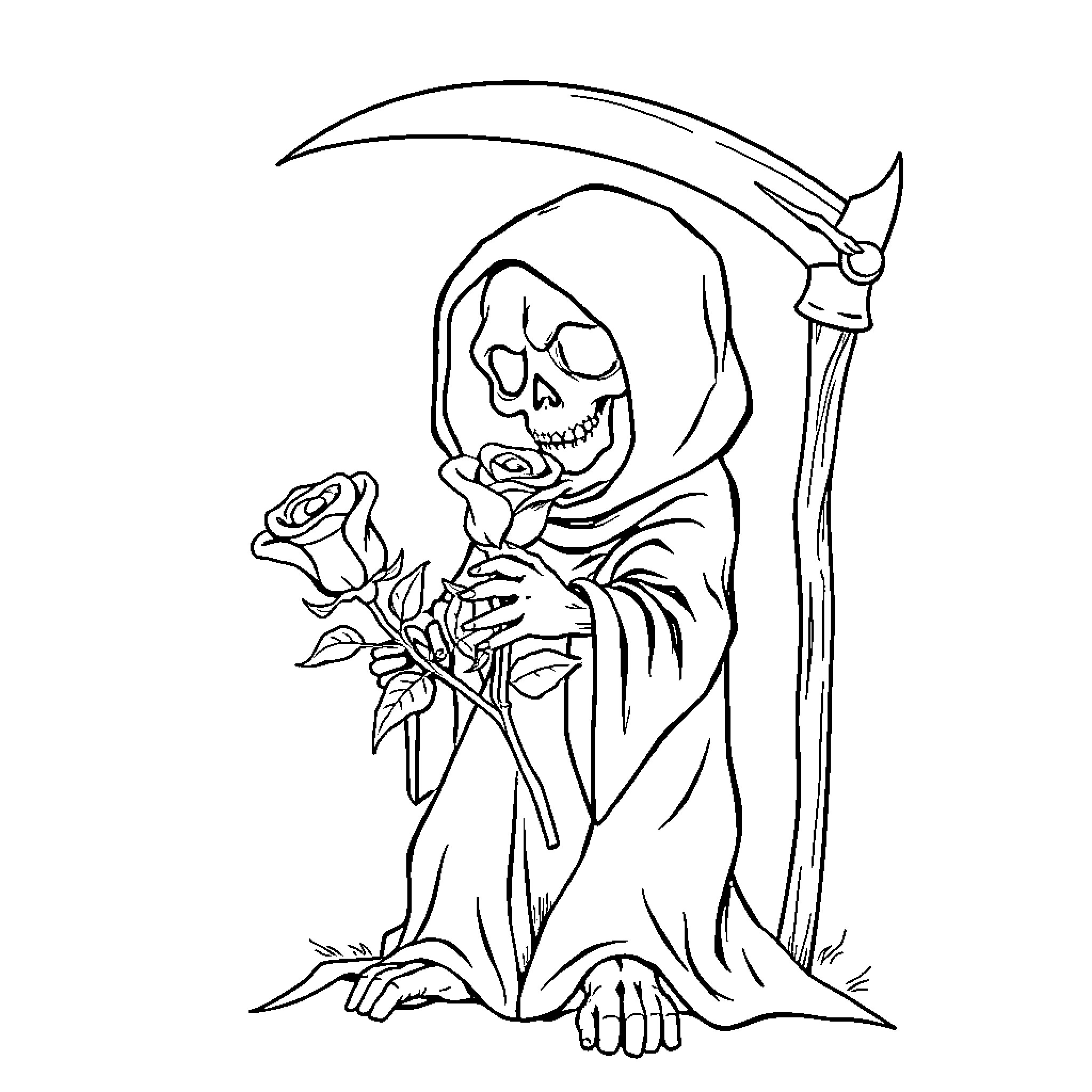 Grim Reaper holding a rose Coloring Page (free black-and-white line drawing printable PDF for all, from beginners to advanced learners, including children, teens, adults, and seniors)