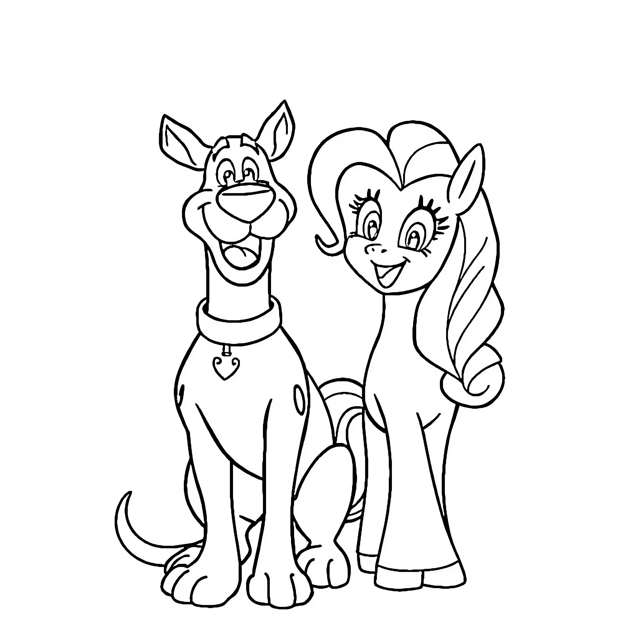 Scooby Doo and Pony Happily Together Coloring Page (free black-and-white line drawing printable PDF for all, from beginners to advanced learners, including children, teens, adults, and seniors)