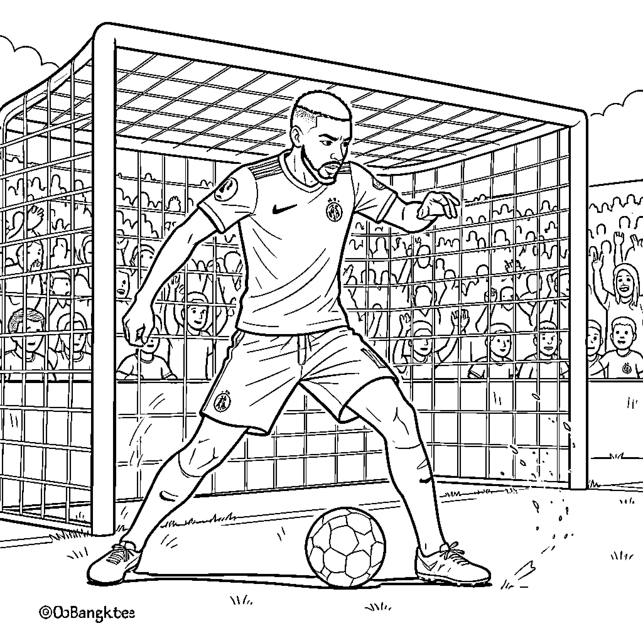 Mbappe dribbling a soccer ball in front of a goal Coloring Page (free black-and-white line drawing printable PDF for all, from beginners to advanced learners, including children, teens, adults, and seniors)
