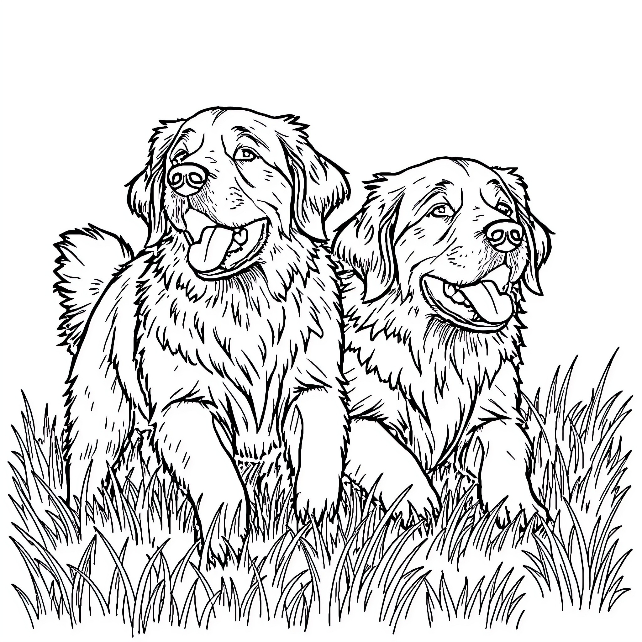 Golden Retriever Friends Exploring the Outdoors Coloring Page (free black-and-white line drawing printable PDF for all, from beginners to advanced learners, including children, teens, adults, and seniors)