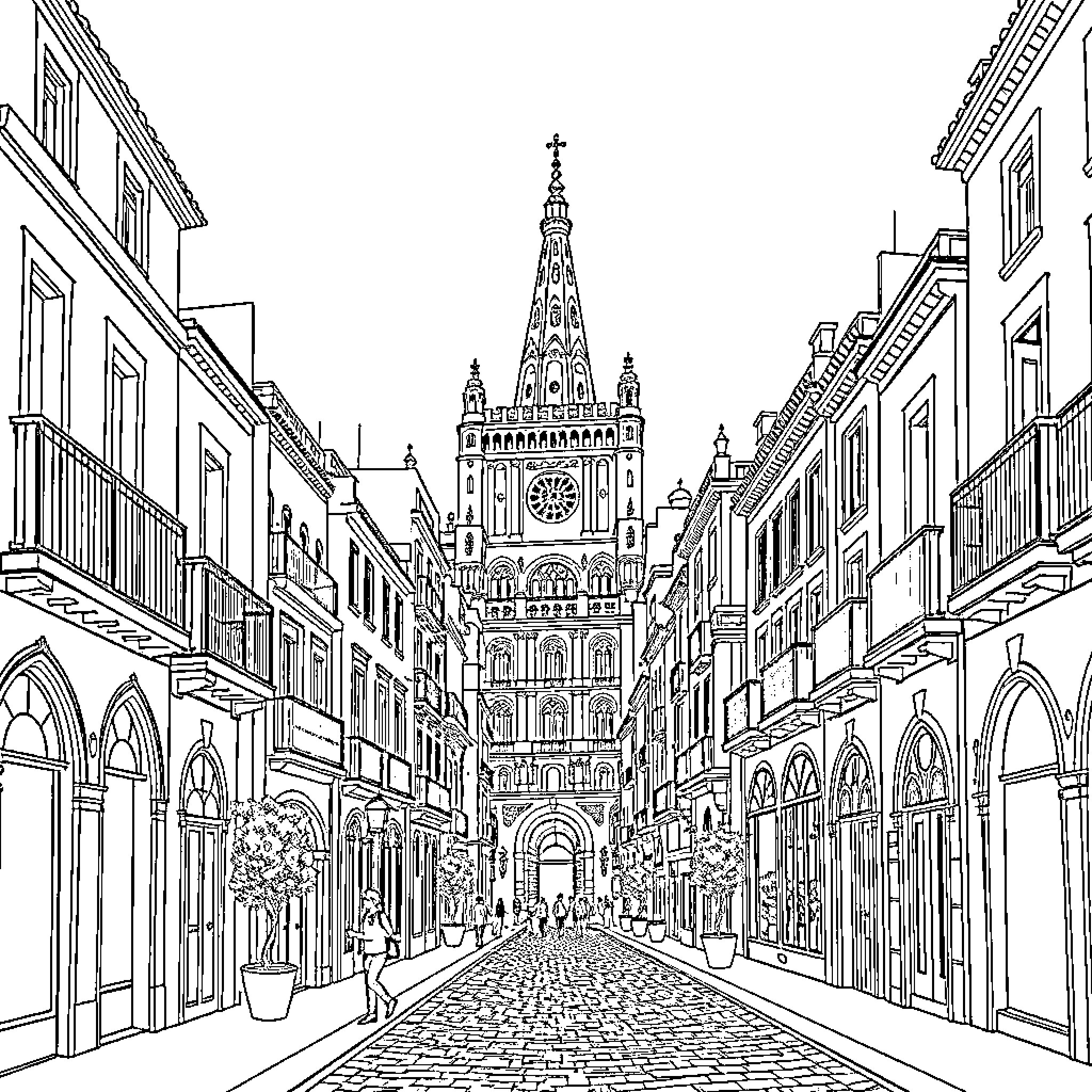 Sevilla's Bustling Street Scene with Ornate Cathedral Coloring Page (free black-and-white line drawing printable PDF for all, from beginners to advanced learners, including children, teens, adults, and seniors)