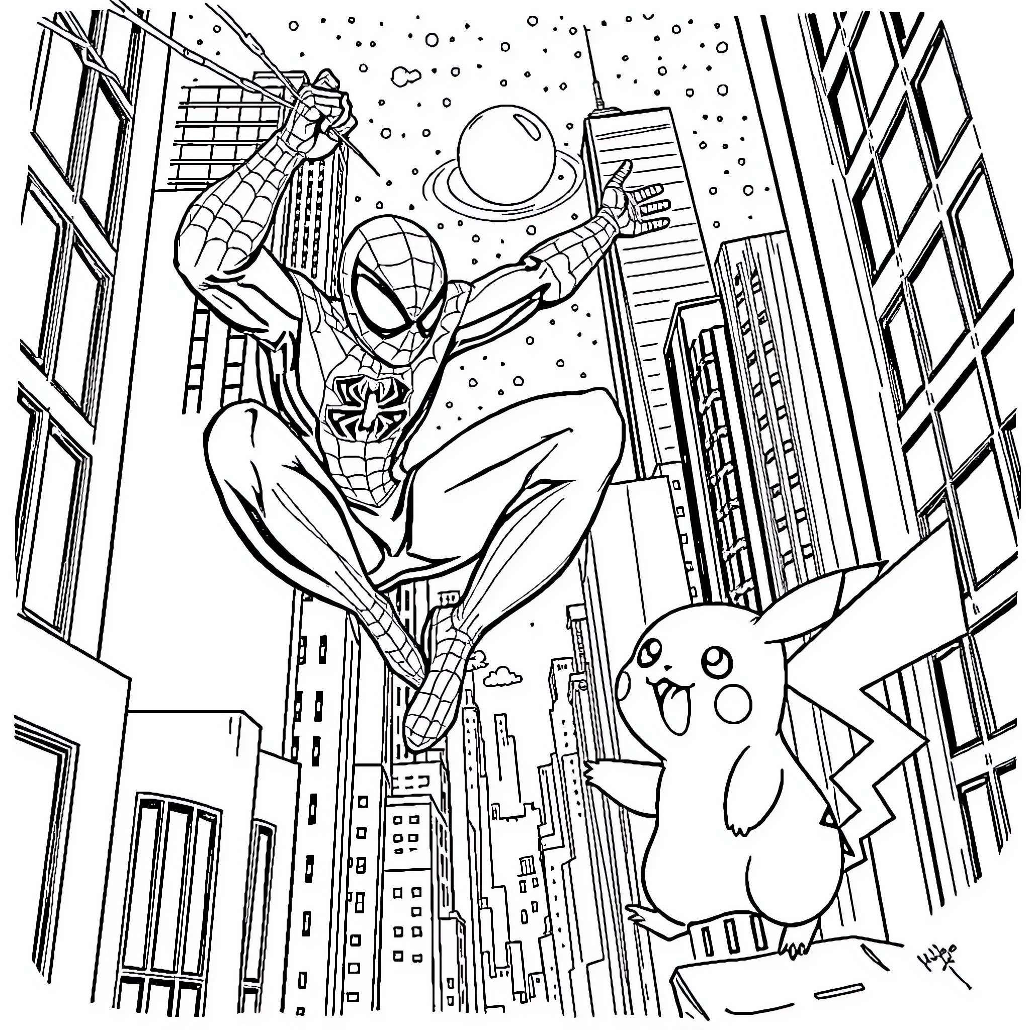 Spiderman swinging through the city at night Coloring Page (free black-and-white line drawing printable PDF for all, from beginners to advanced learners, including children, teens, adults, and seniors)