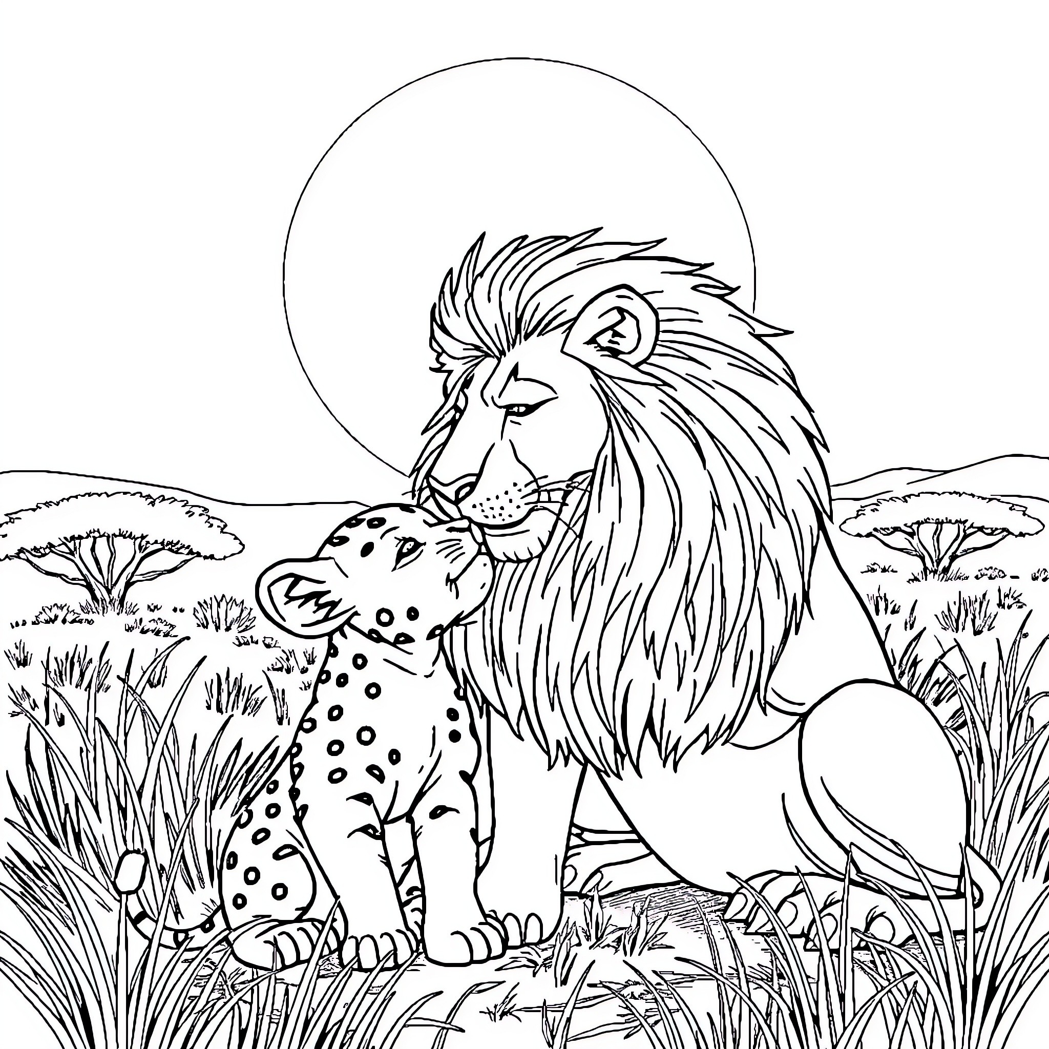 Lion guarding its cub in the savanna landscape Coloring Page (free black-and-white line drawing printable PDF for all, from beginners to advanced learners, including children, teens, adults, and seniors)