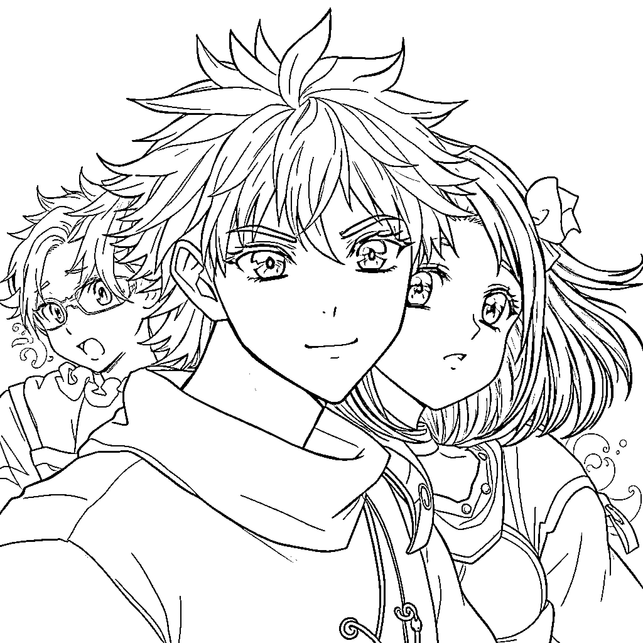 Anime characters with expressive features and unique hairstyles Coloring Page (free black-and-white line drawing printable PDF for all, from beginners to advanced learners, including children, teens, adults, and seniors)
