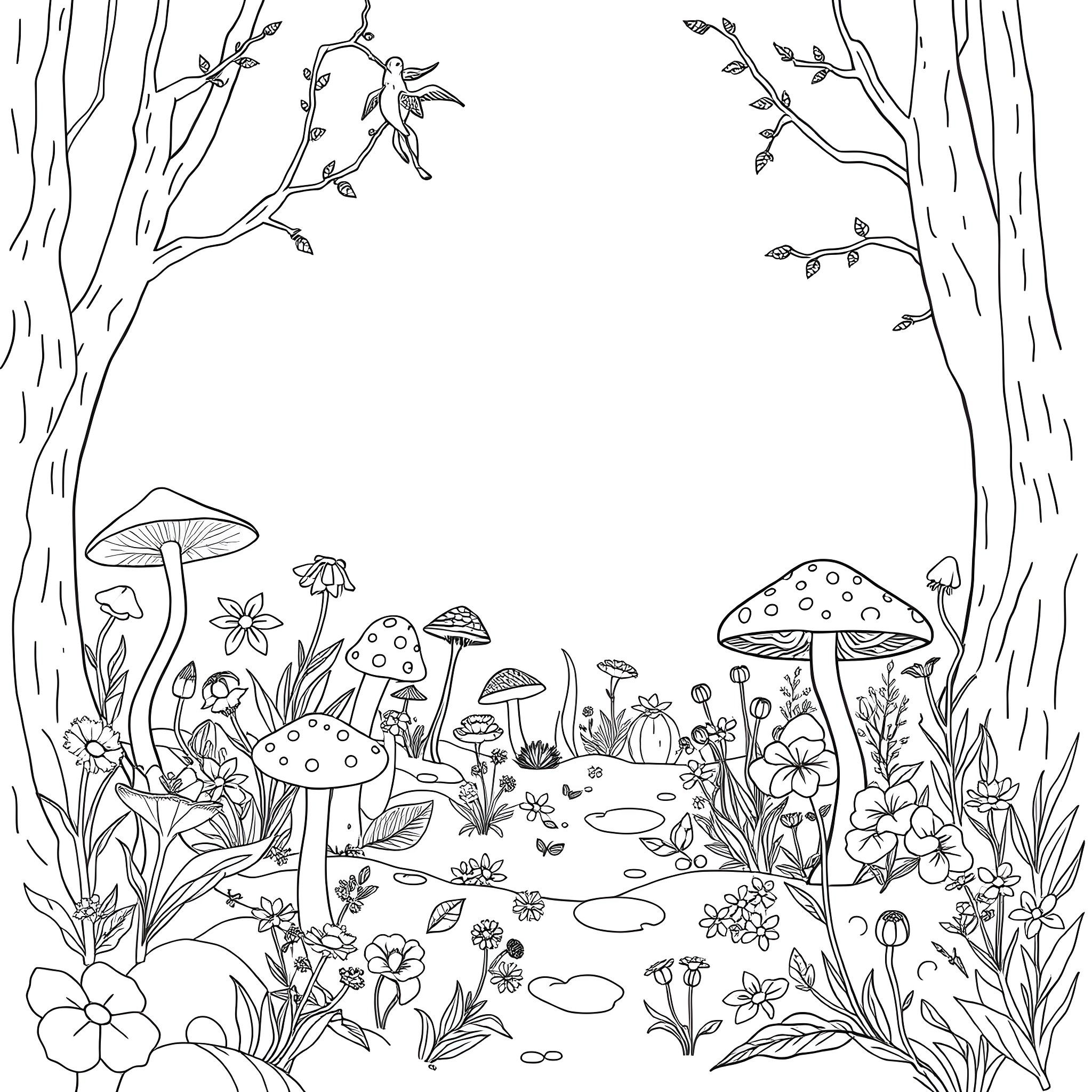 Mushroom-filled forest with whimsical plant life Coloring Page (free black-and-white line drawing printable PDF for all, from beginners to advanced learners, including children, teens, adults, and seniors)