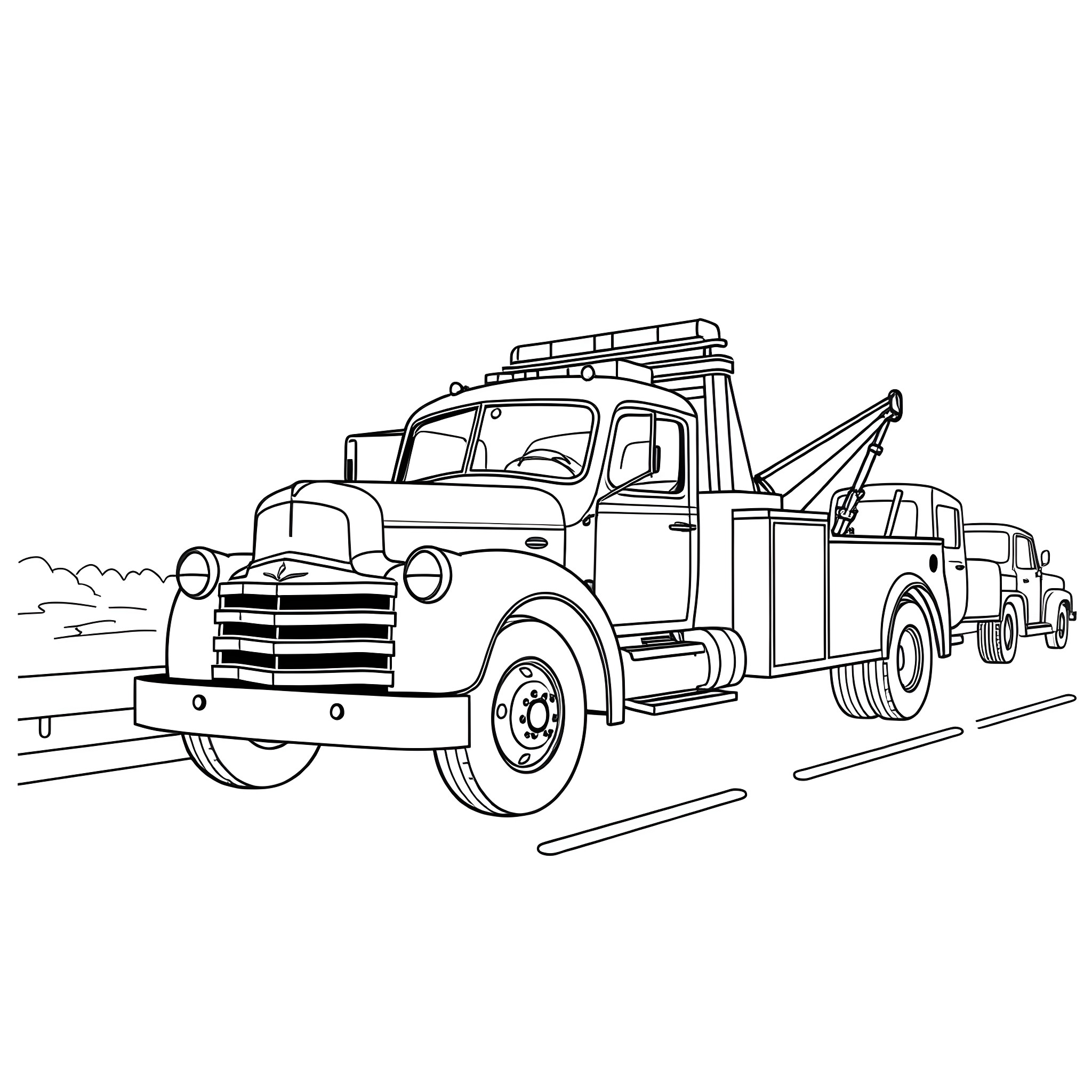 Tow Truck Assisting Disabled Vehicle on the Road Coloring Page (free black-and-white line drawing printable PDF for all, from beginners to advanced learners, including children, teens, adults, and seniors)