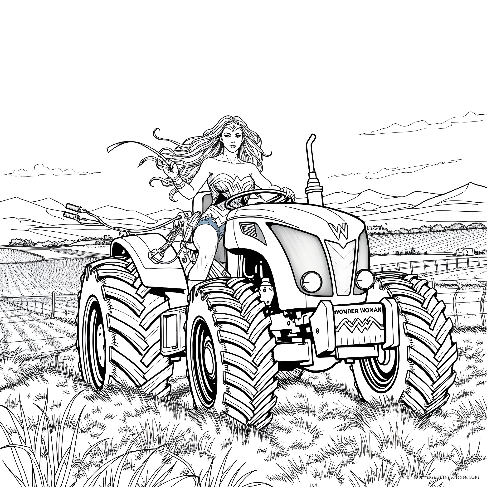 Wonder Woman Riding a Powerful Tractor on the Farm Coloring Page (free black-and-white line drawing printable PDF for all, from beginners to advanced learners, including children, teens, adults, and seniors)