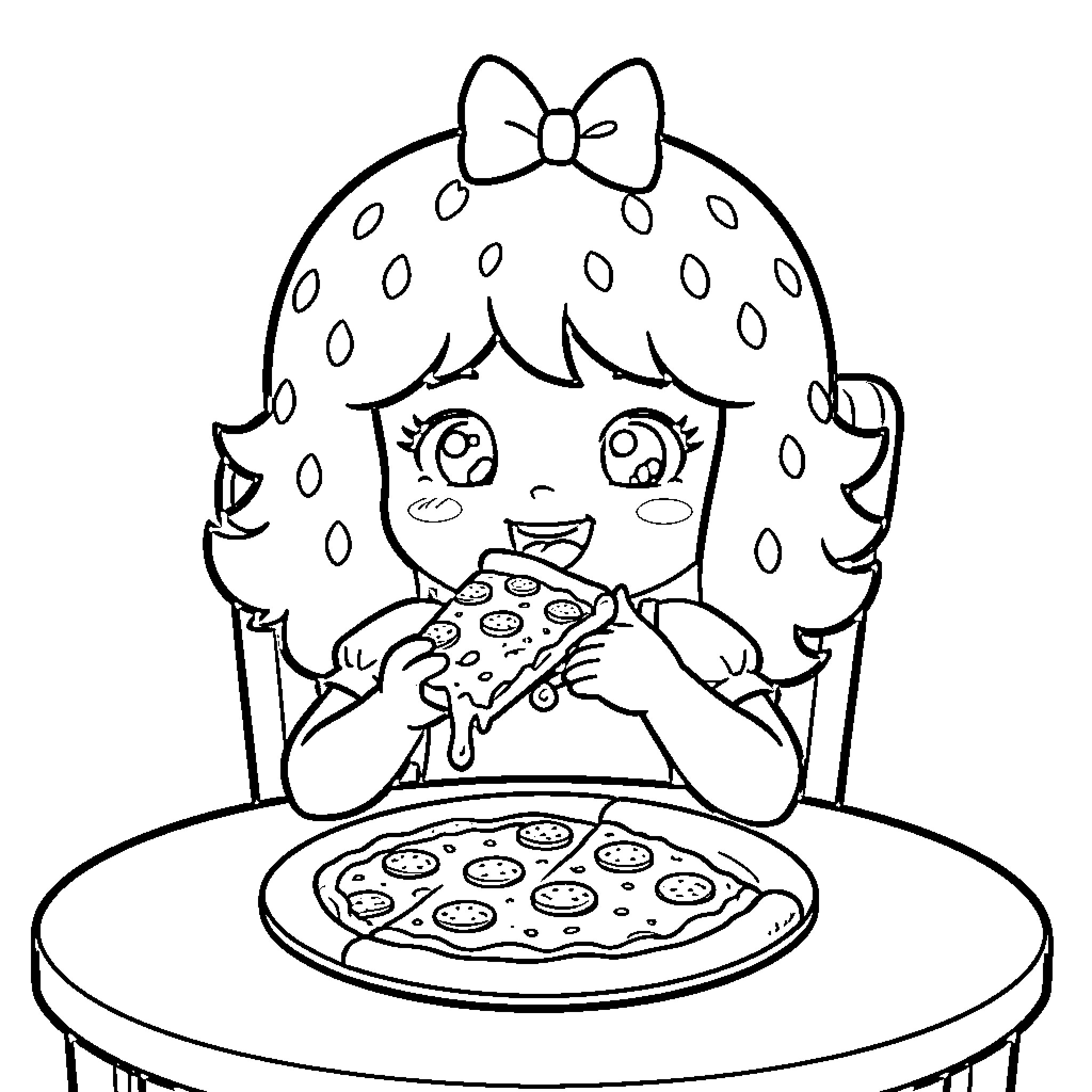 Strawberry Shortcake happily eating a delicious pizza slice Coloring Page (free black-and-white line drawing printable PDF for all, from beginners to advanced learners, including children, teens, adults, and seniors)
