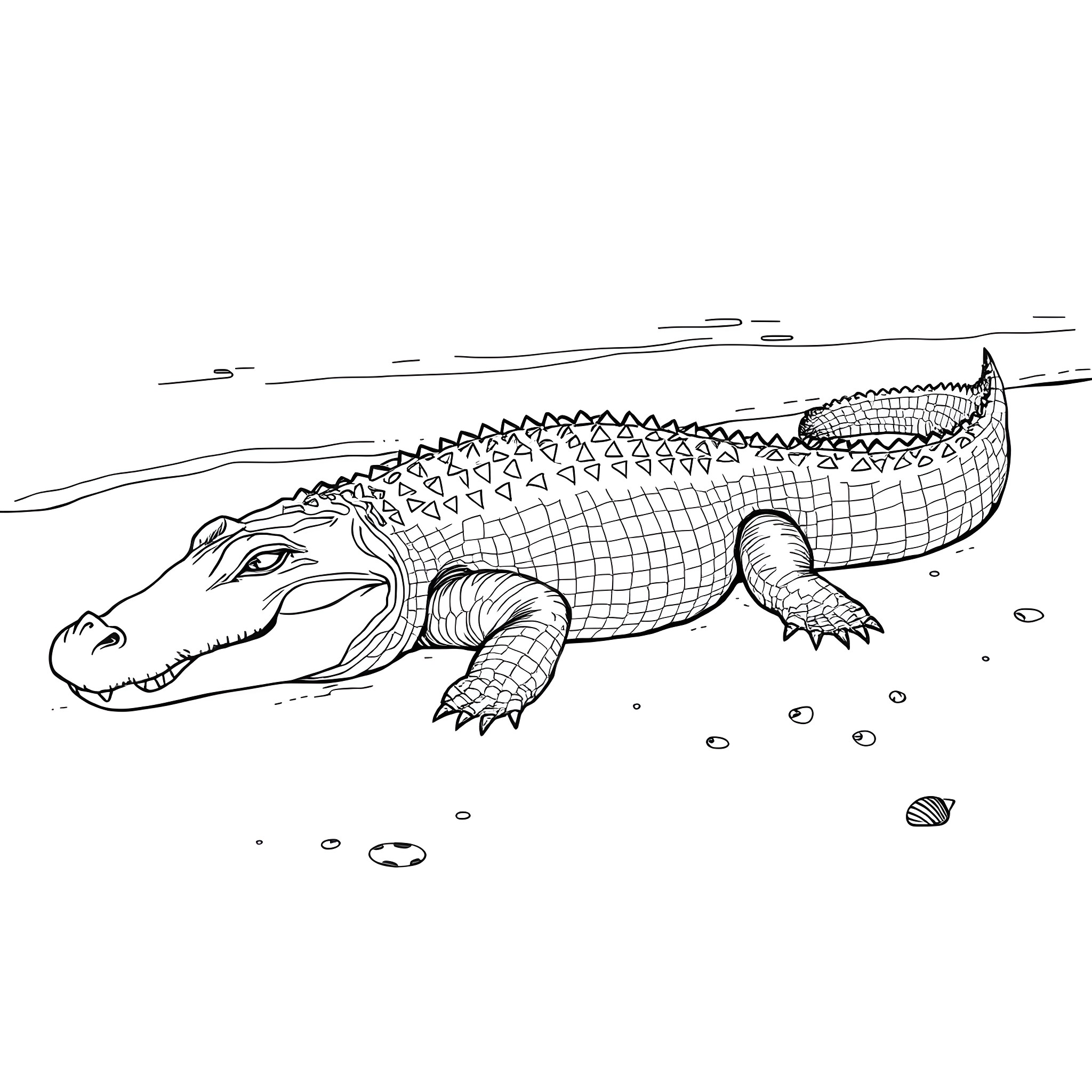 Crocodile lounging on the riverbank Coloring Page (free black-and-white line drawing printable PDF for all, from beginners to advanced learners, including children, teens, adults, and seniors)