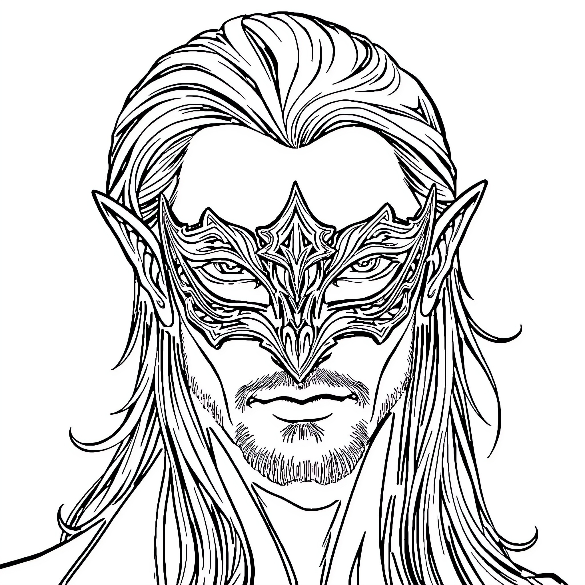 Man with mysterious mask and long hair Coloring Page (free black-and-white line drawing printable PDF for all, from beginners to advanced learners, including children, teens, adults, and seniors)