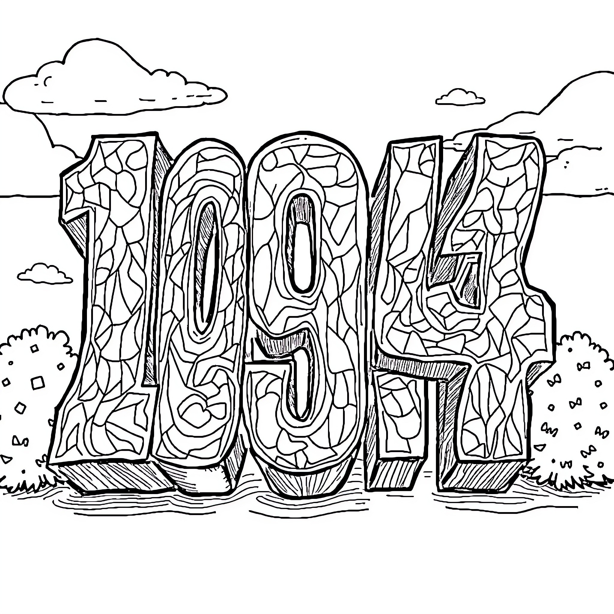 Numbers Displayed in Abstract Landscape Coloring Page (free black-and-white line drawing printable PDF for all, from beginners to advanced learners, including children, teens, adults, and seniors)
