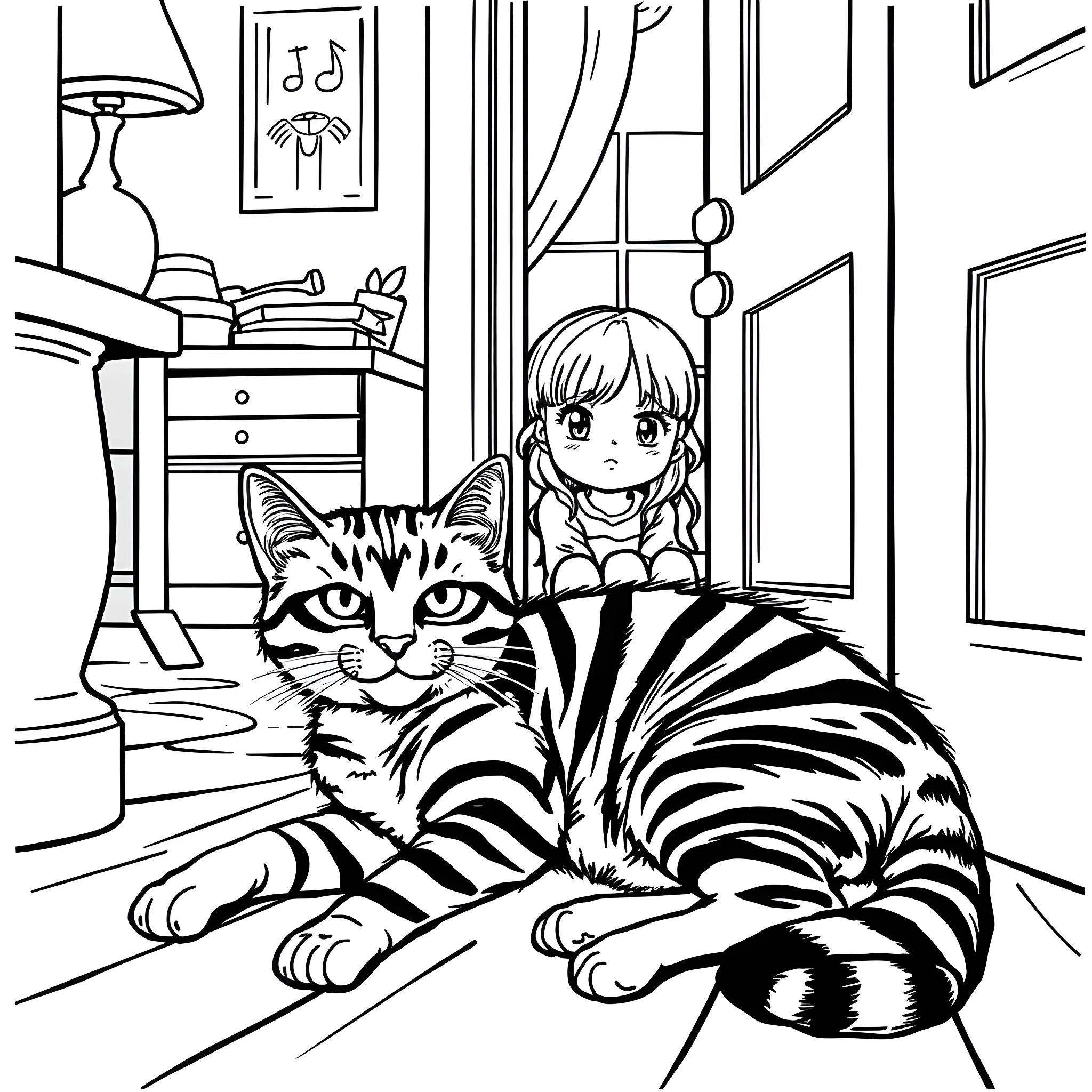 Cat resting in cozy home Coloring Page (free black-and-white line drawing printable PDF for all, from beginners to advanced learners, including children, teens, adults, and seniors)