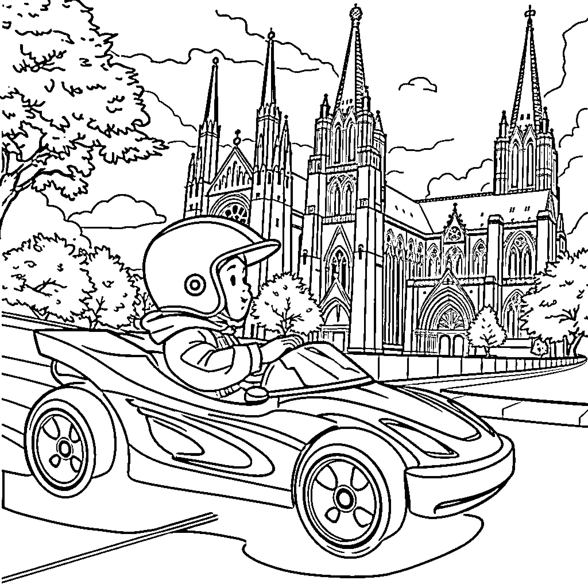 Boy enjoying a race car ride near a cathedral Coloring Page (free black-and-white line drawing printable PDF for all, from beginners to advanced learners, including children, teens, adults, and seniors)