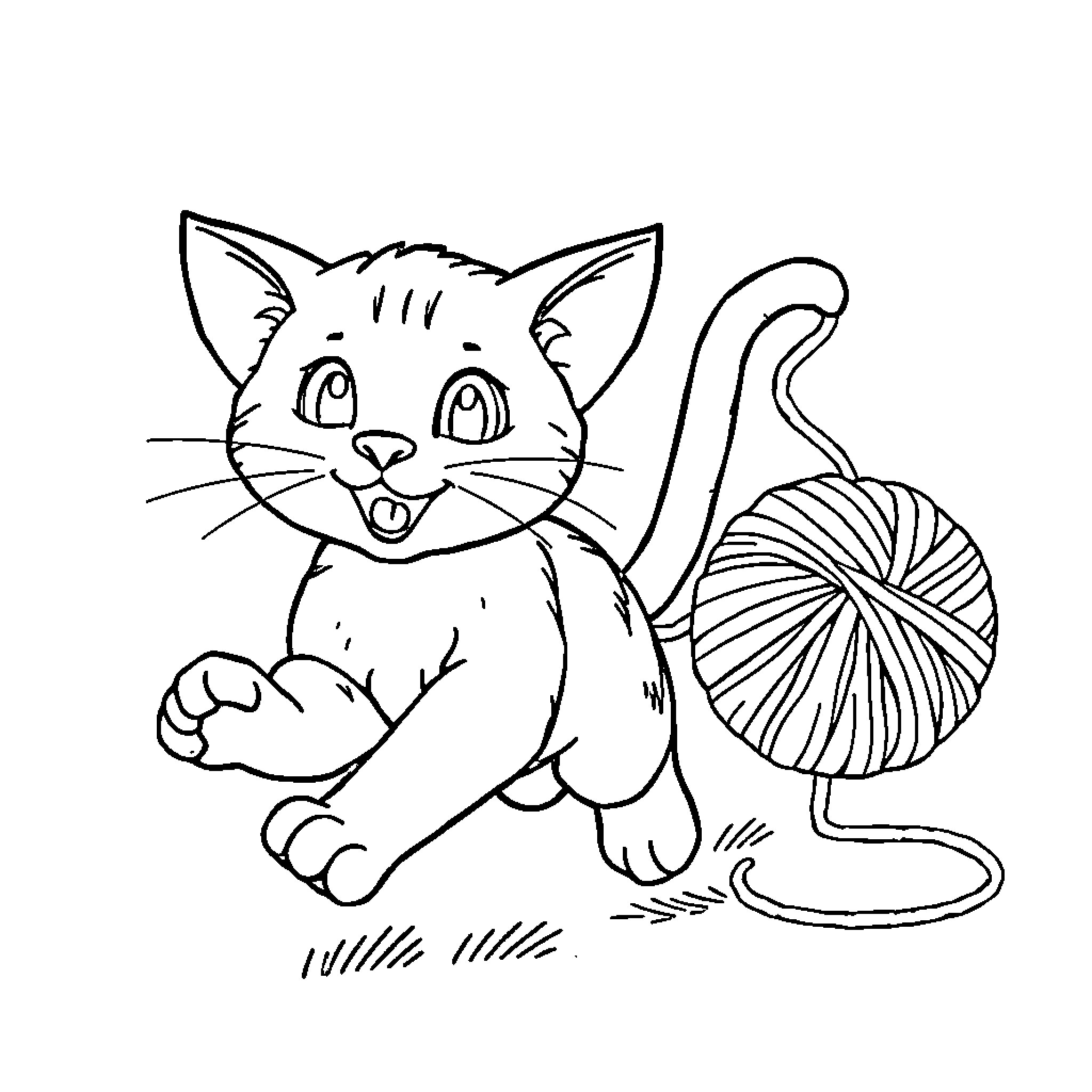 Cat playing with a yarn ball Coloring Page (free black-and-white line drawing printable PDF for all, from beginners to advanced learners, including children, teens, adults, and seniors)