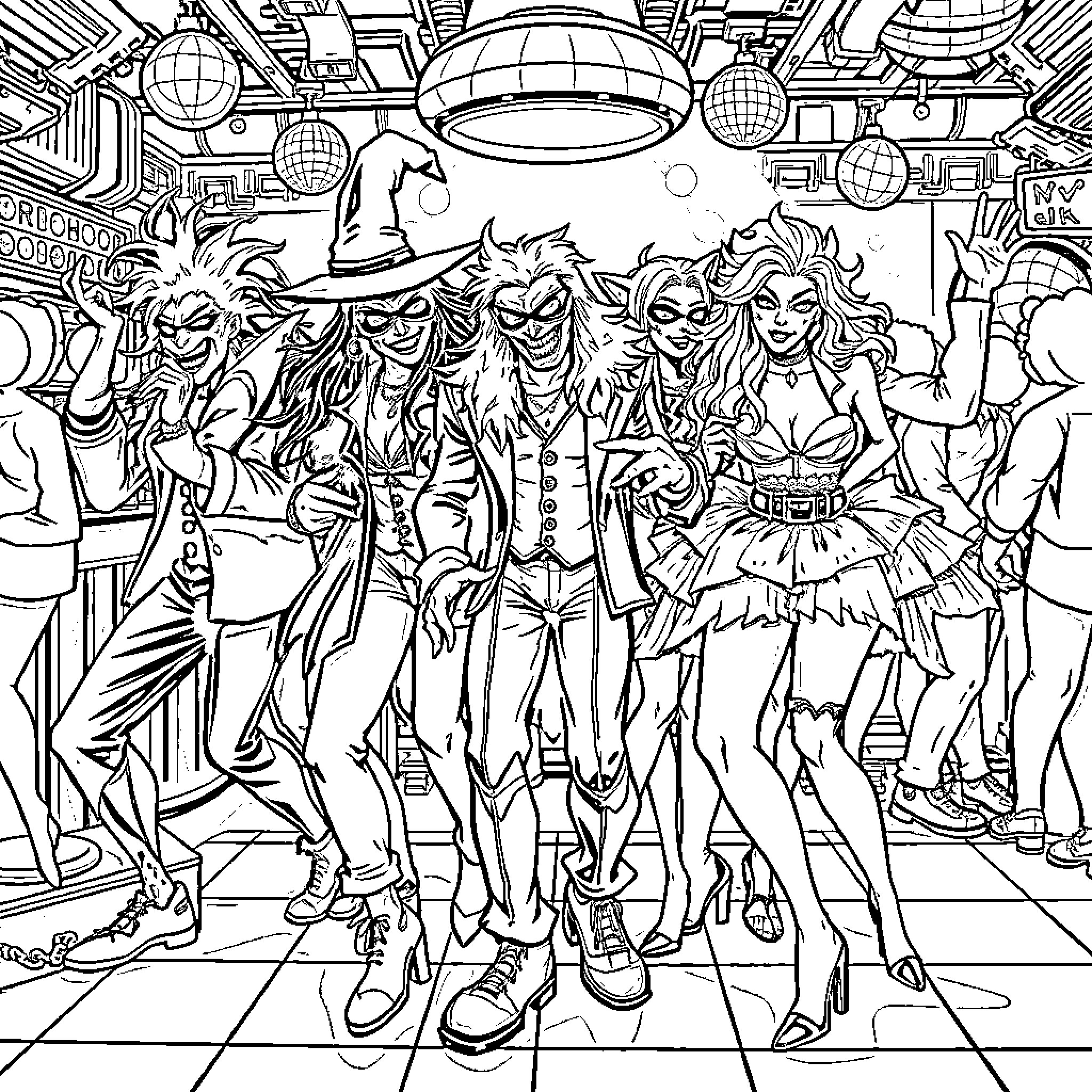 Wicked Characters in Chaotic Sci-Fi Scene Coloring Page (free black-and-white line drawing printable PDF for all, from beginners to advanced learners, including children, teens, adults, and seniors)