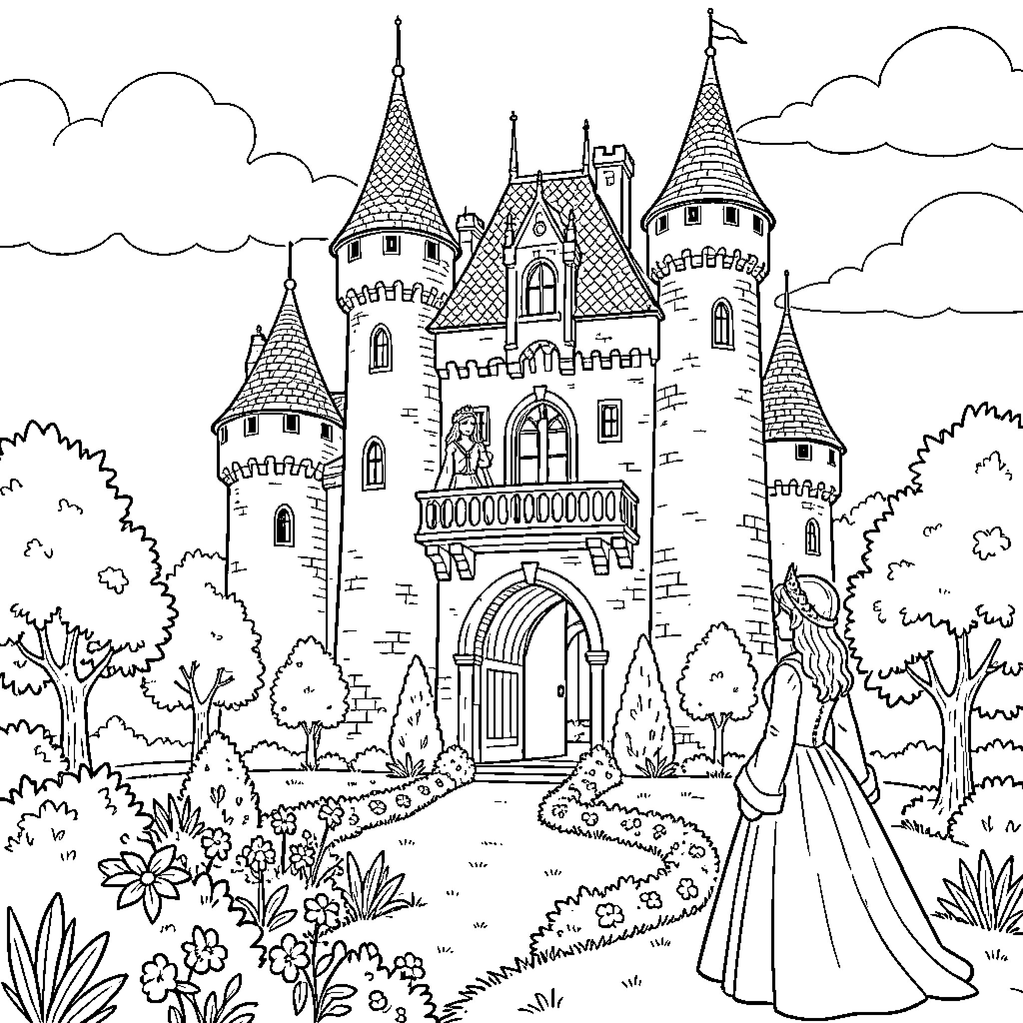 Castillo viewed by a princess standing in a garden Coloring Page (free black-and-white line drawing printable PDF for all, from beginners to advanced learners, including children, teens, adults, and seniors)