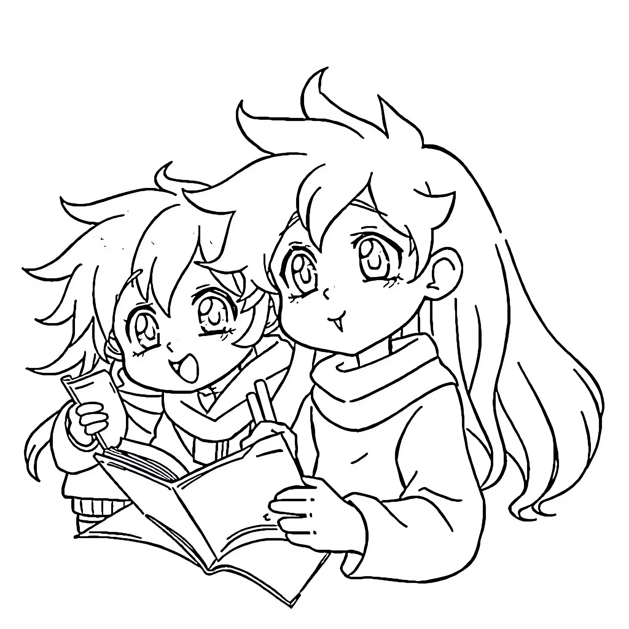 Anime Students Reading Book Together Coloring Page (free black-and-white line drawing printable PDF for all, from beginners to advanced learners, including children, teens, adults, and seniors)