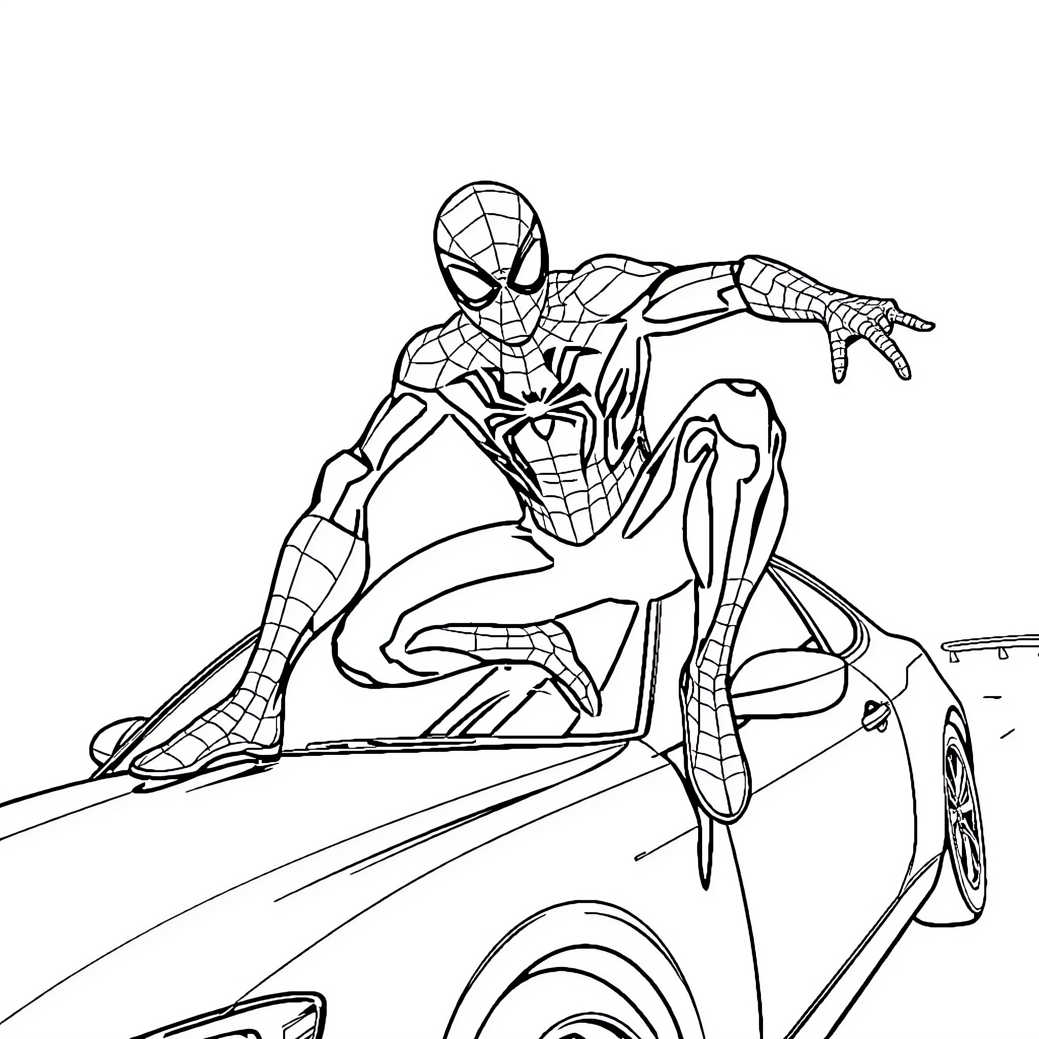 Spiderman leaping into action on a car Coloring Page (free black-and-white line drawing printable PDF for all, from beginners to advanced learners, including children, teens, adults, and seniors)