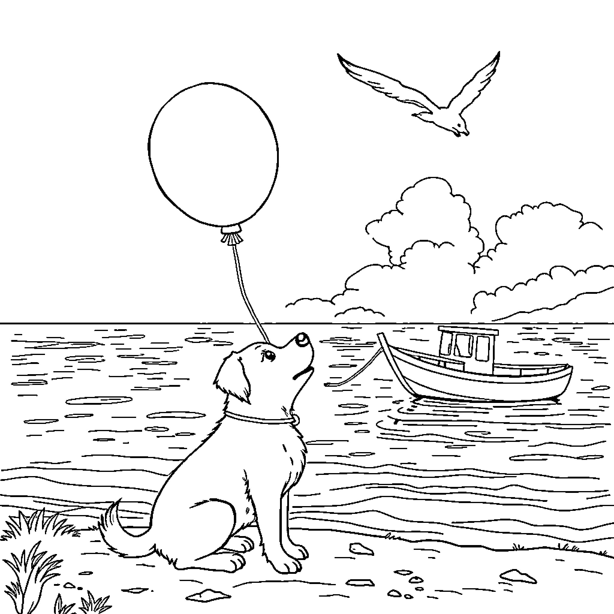 Merry pup playing with balloon by the sea Coloring Page (free black-and-white line drawing printable PDF for all, from beginners to advanced learners, including children, teens, adults, and seniors)
