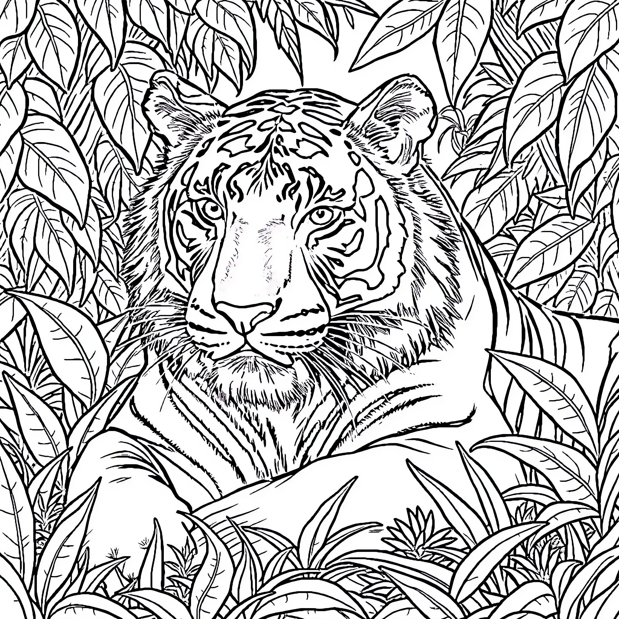 Tiger Resting in the Lush Jungle Foliage Coloring Page (free black-and-white line drawing printable PDF for all, from beginners to advanced learners, including children, teens, adults, and seniors)