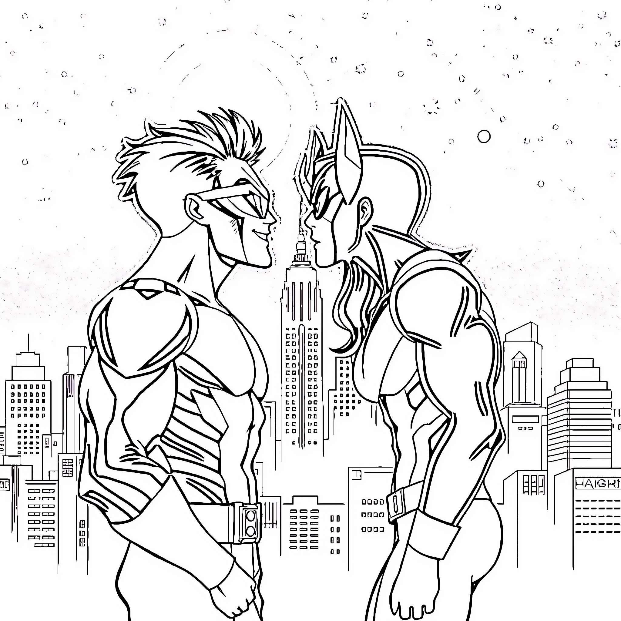 Cyclops superheroes facing off in city skyline Coloring Page (free black-and-white line drawing printable PDF for all, from beginners to advanced learners, including children, teens, adults, and seniors)