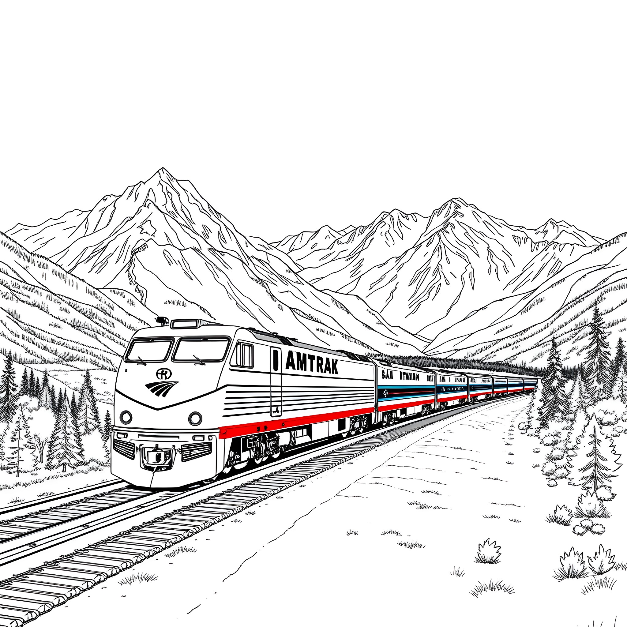 Train travels through snowy mountain landscape Coloring Page (free black-and-white line drawing printable PDF for all, from beginners to advanced learners, including children, teens, adults, and seniors)