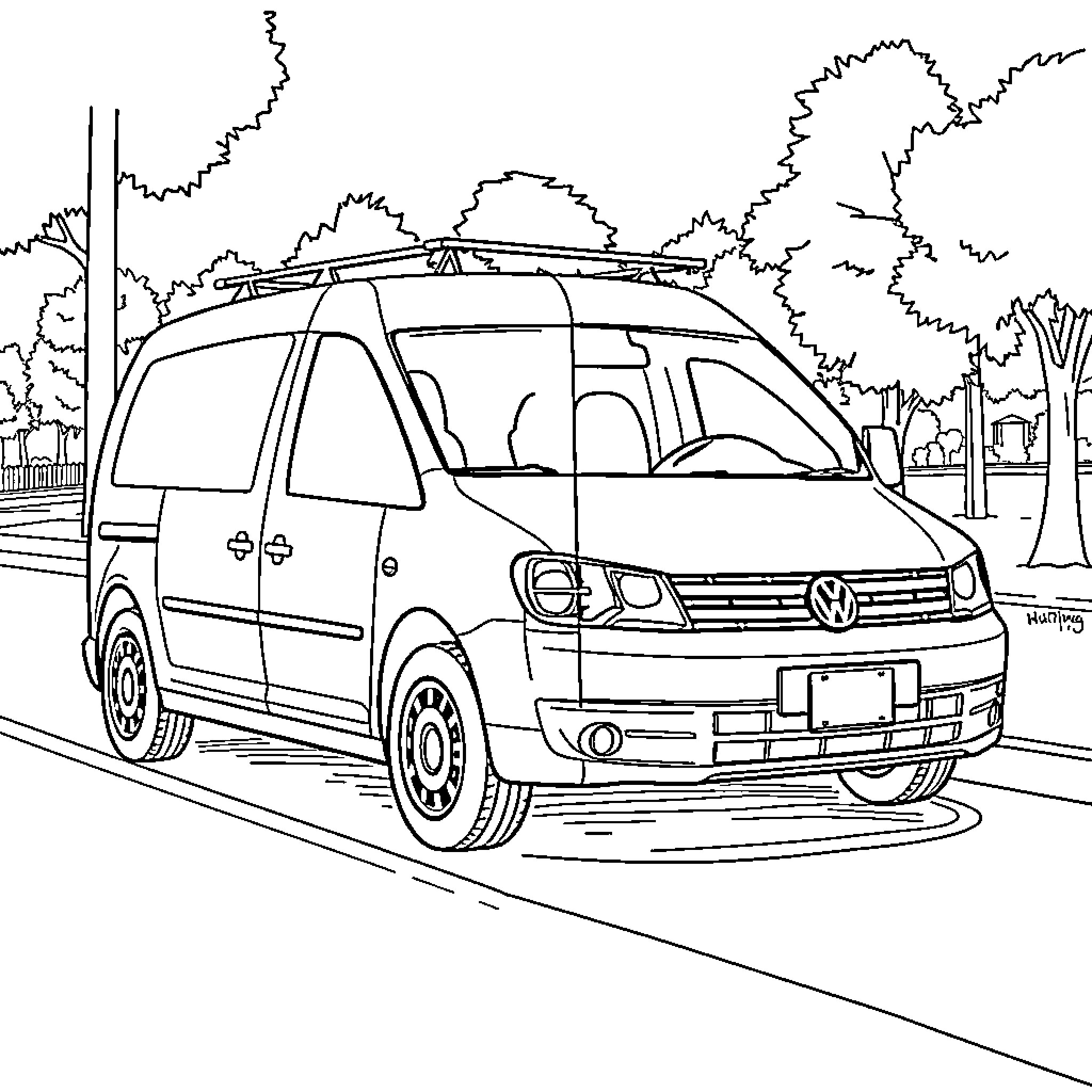 VW Caddy parked on a quiet suburban street Coloring Page (free black-and-white line drawing printable PDF for all, from beginners to advanced learners, including children, teens, adults, and seniors)