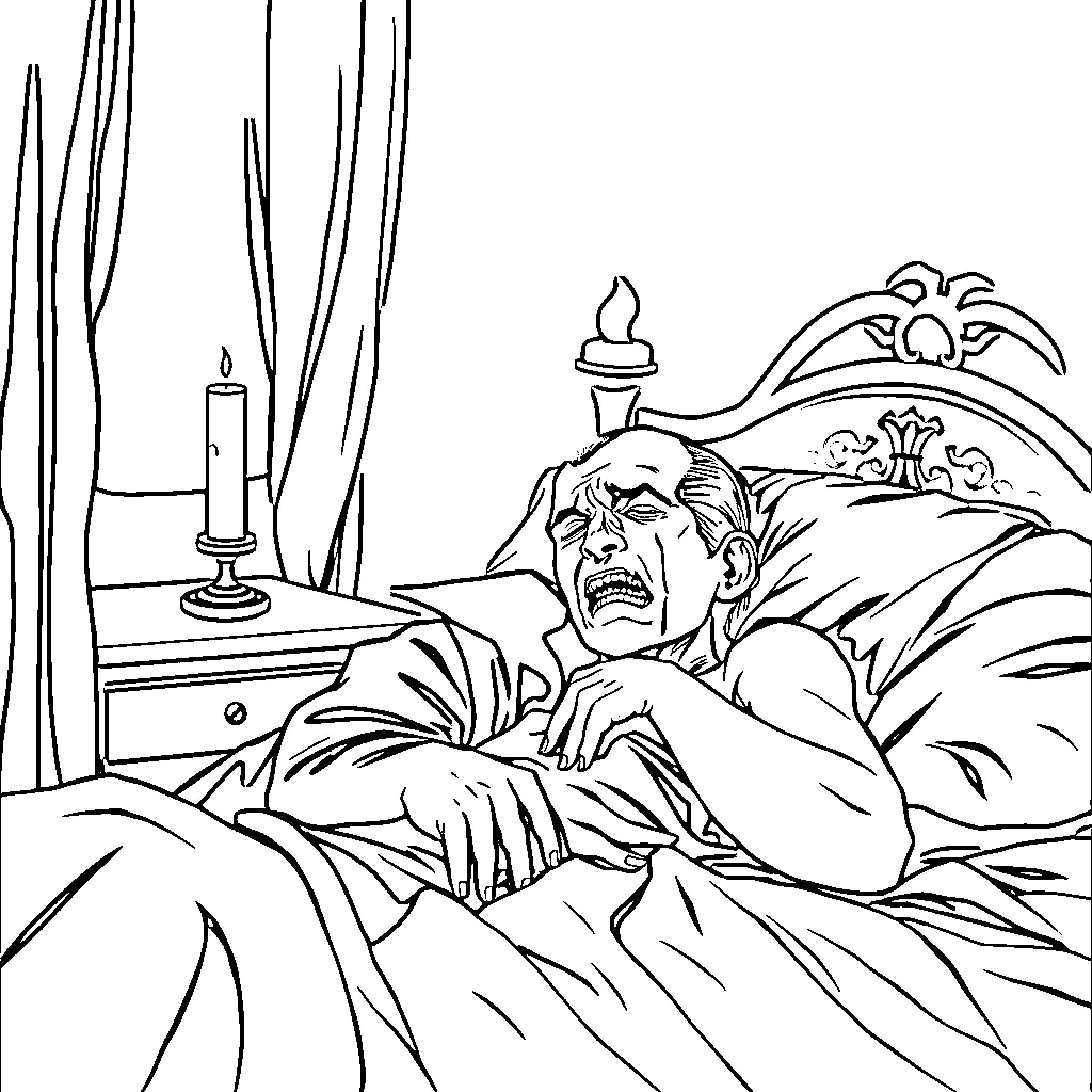 Vampire resting in a lavish bed chamber Coloring Page (free black-and-white line drawing printable PDF for all, from beginners to advanced learners, including children, teens, adults, and seniors)