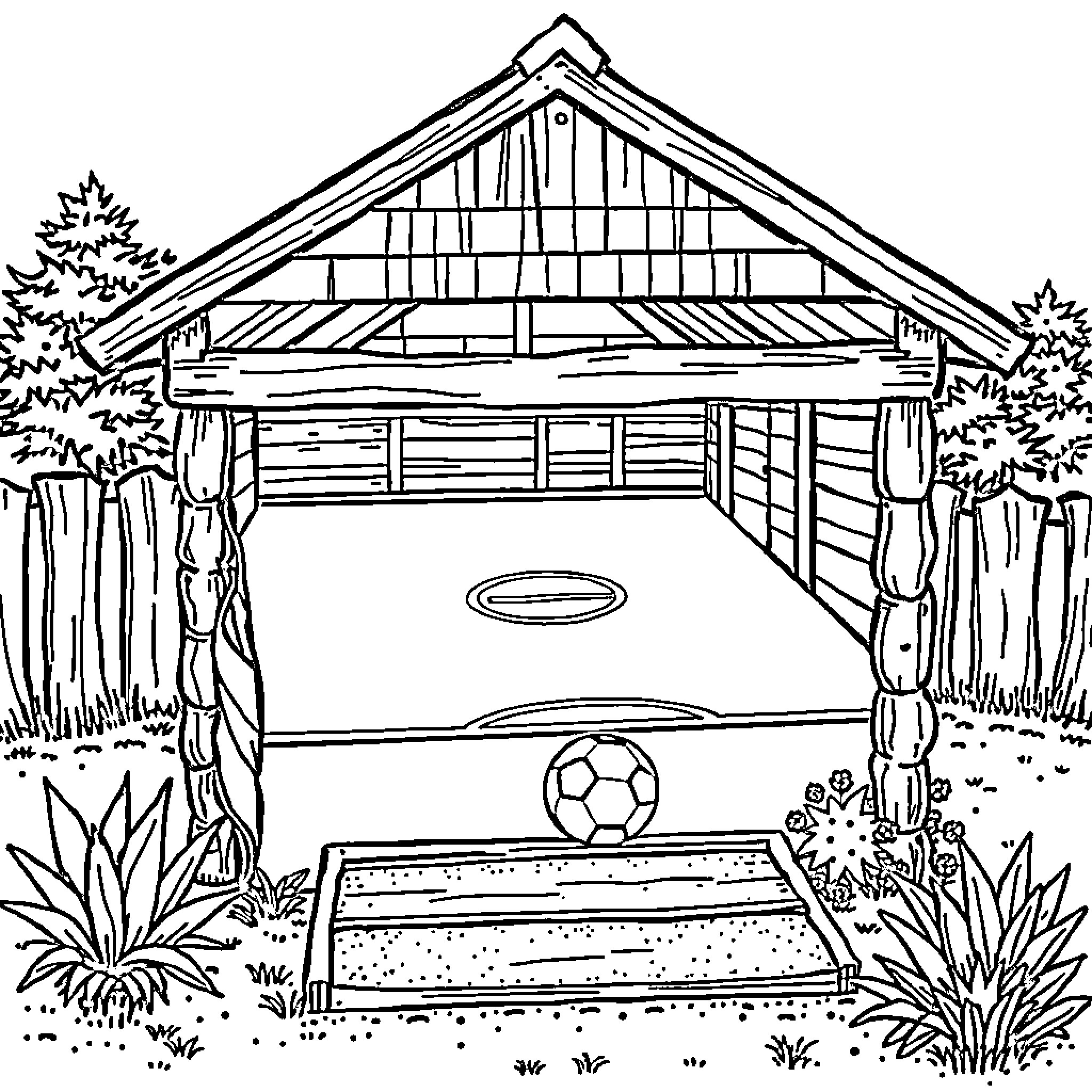 Cabana with Soccer Ball in Backyard Coloring Page (free black-and-white line drawing printable PDF for all, from beginners to advanced learners, including children, teens, adults, and seniors)
