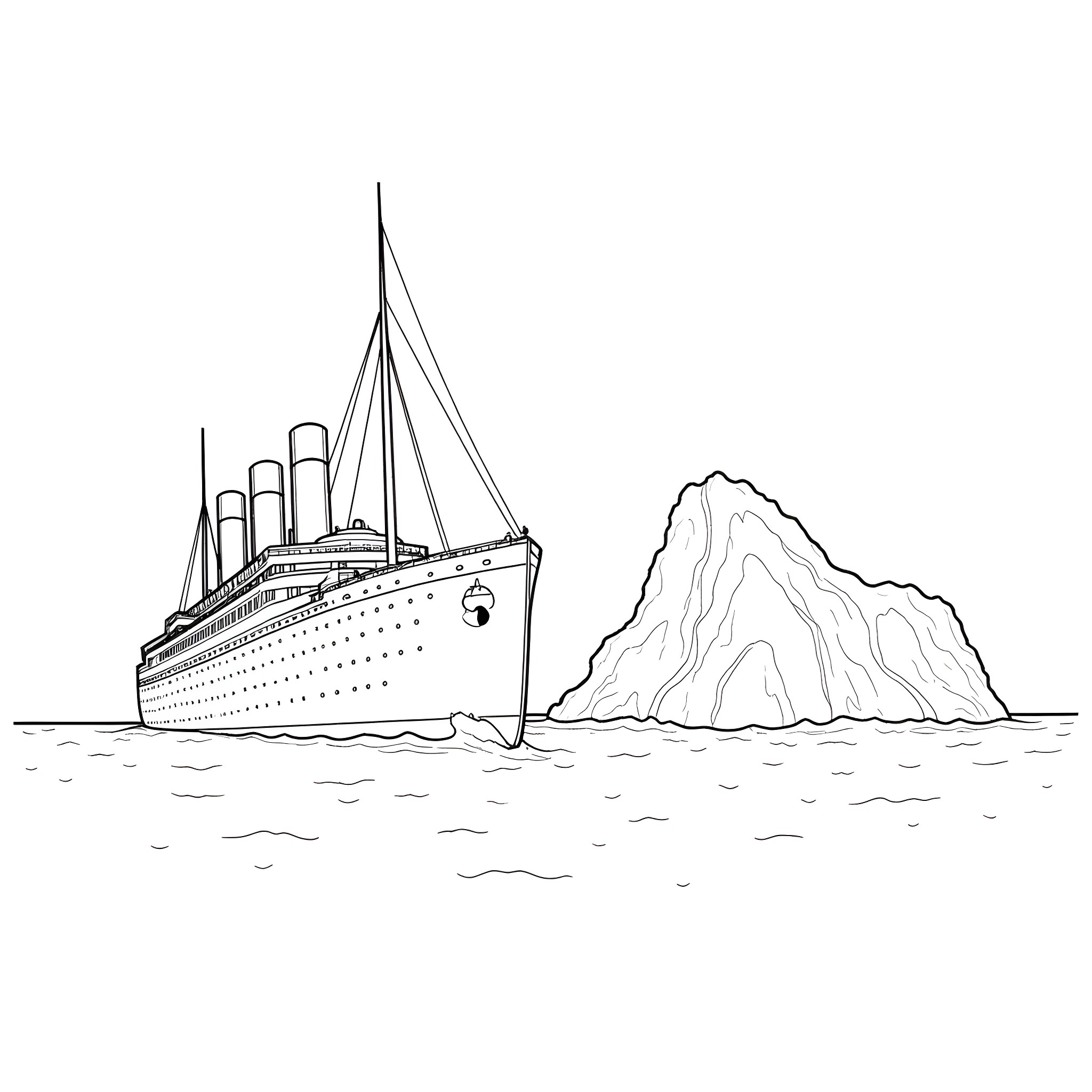 Titanic ocean liner against icy mountains Coloring Page (free black-and-white line drawing printable PDF for all, from beginners to advanced learners, including children, teens, adults, and seniors)