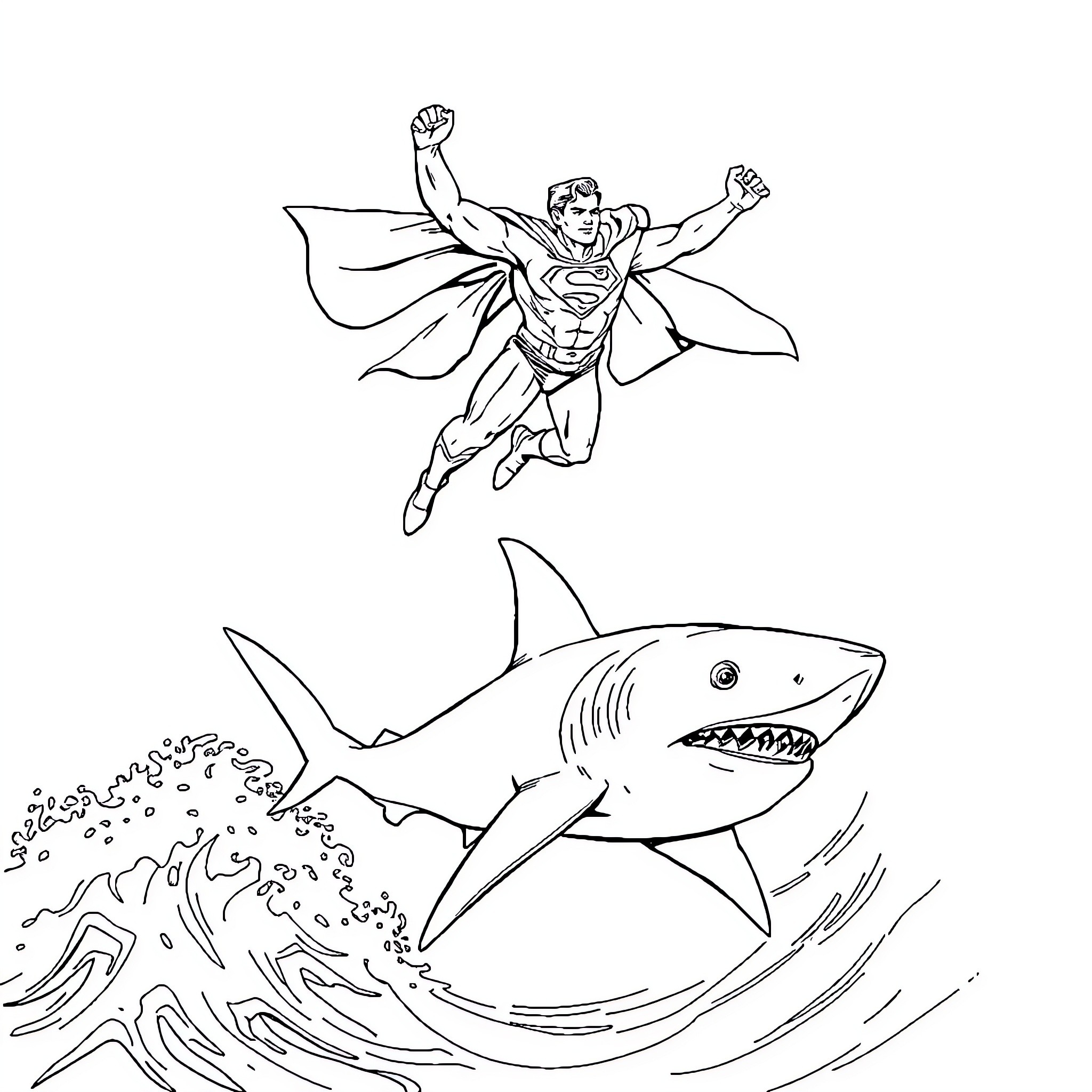 Superman Soaring Above Raging Shark in Waves Coloring Page (free black-and-white line drawing printable PDF for all, from beginners to advanced learners, including children, teens, adults, and seniors)
