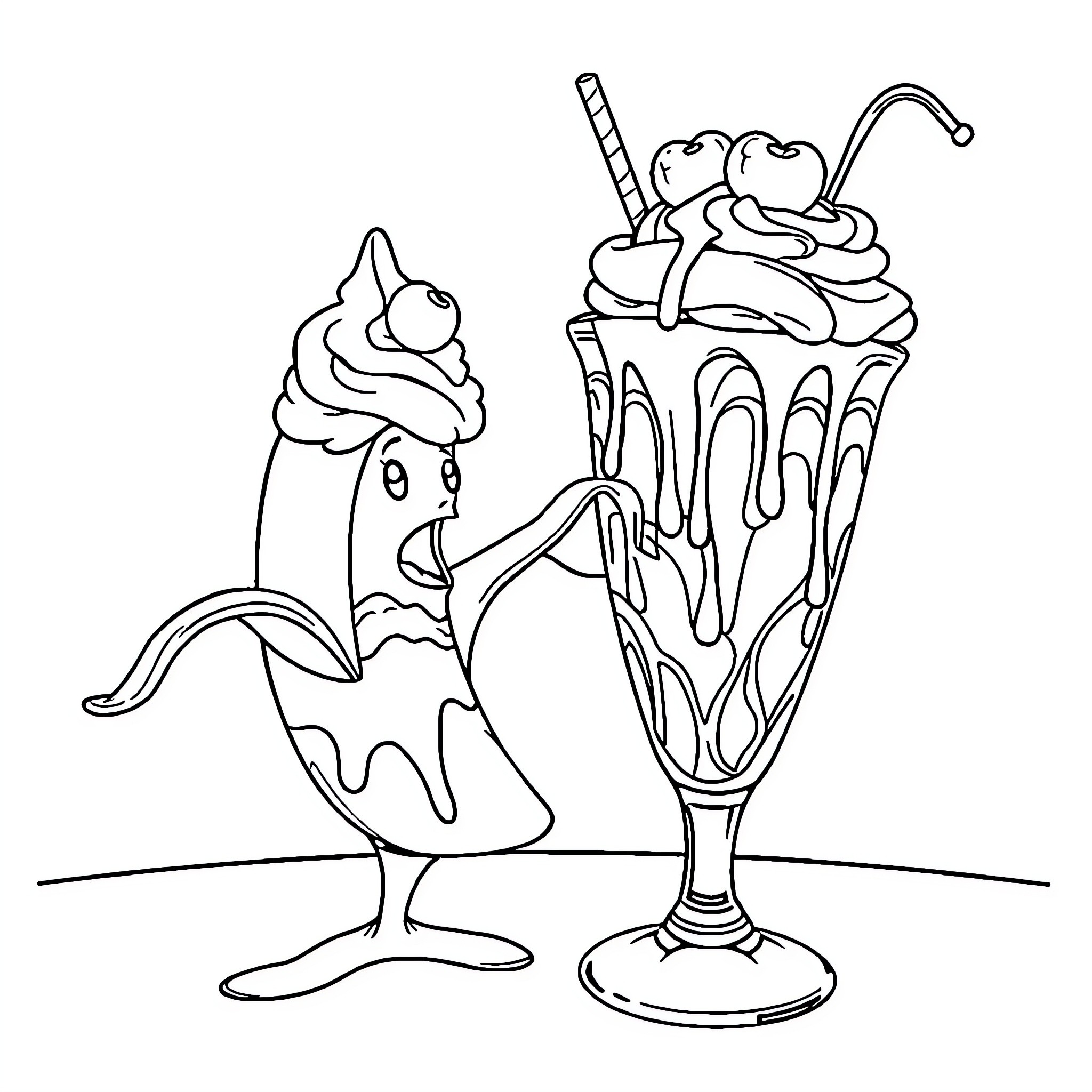 Banana Split Dessert with Whimsical Cartoon Characters Coloring Page (free black-and-white line drawing printable PDF for all, from beginners to advanced learners, including children, teens, adults, and seniors)