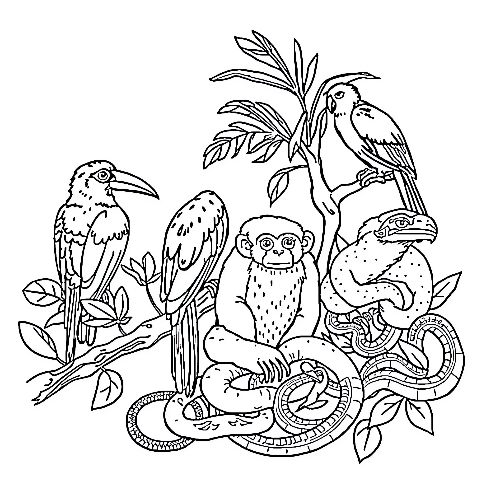 Animal Toucans and Monkey in Tropical Foliage Coloring Page (free black-and-white line drawing printable PDF for all, from beginners to advanced learners, including children, teens, adults, and seniors)