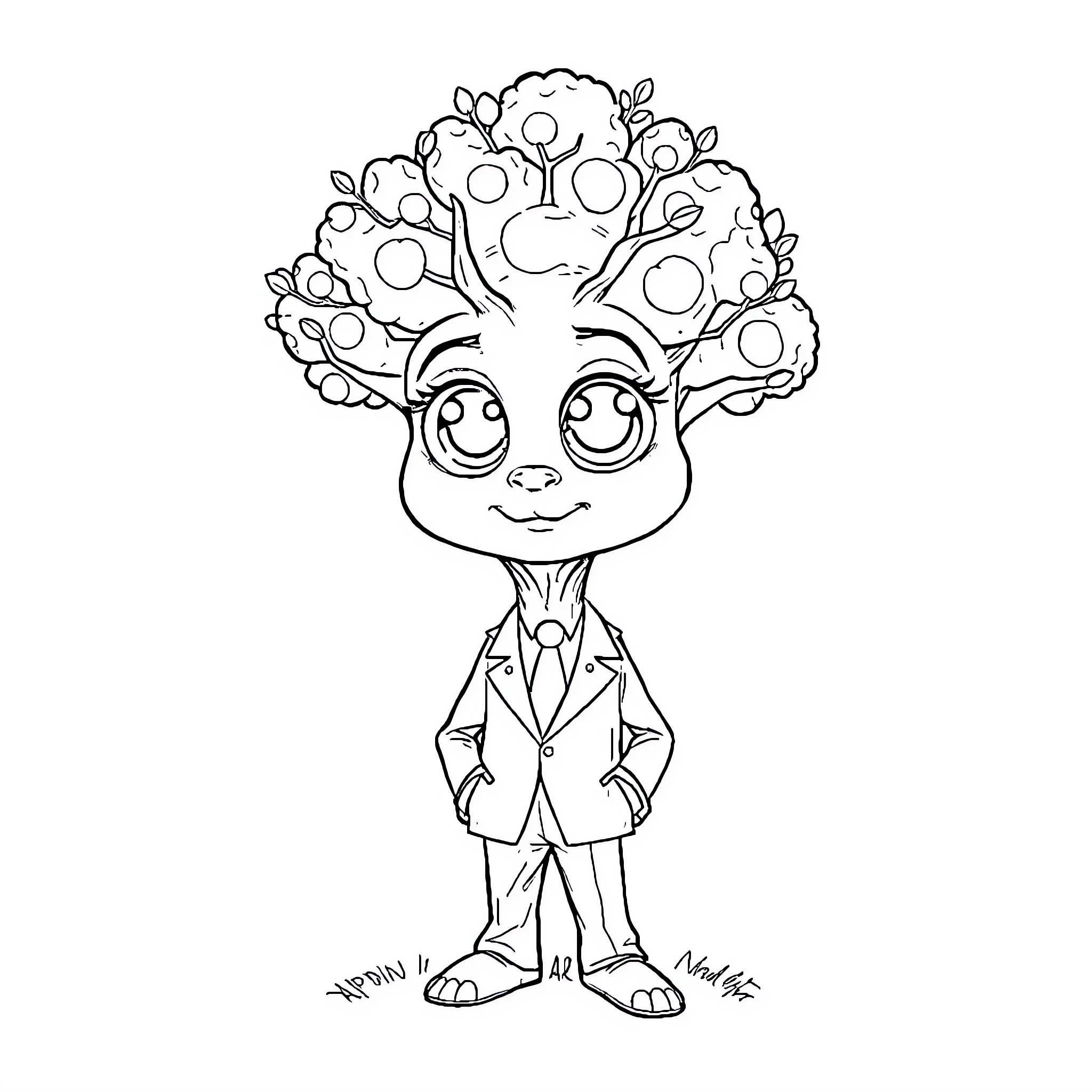 Tree-like Creature in Formal Attire Coloring Page (free black-and-white line drawing printable PDF for all, from beginners to advanced learners, including children, teens, adults, and seniors)