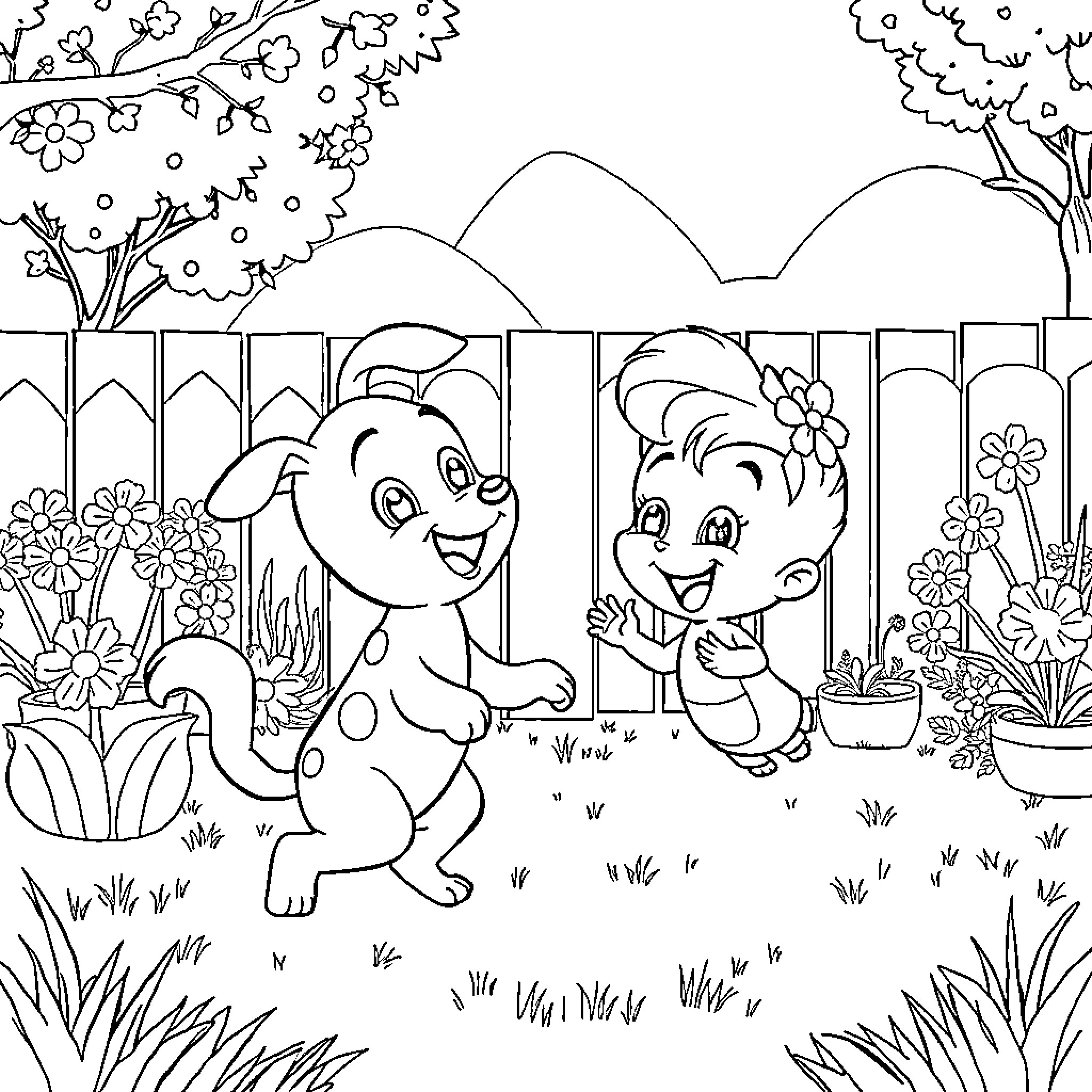 Bluey and Friends Explore the Garden Coloring Page (free black-and-white line drawing printable PDF for all, from beginners to advanced learners, including children, teens, adults, and seniors)