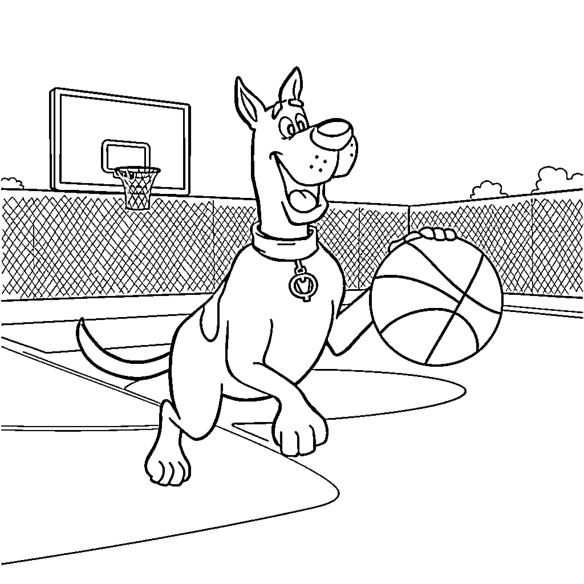 Scooby Doo playing basketball on the court Coloring Page (free black-and-white line drawing printable PDF for all, from beginners to advanced learners, including children, teens, adults, and seniors)