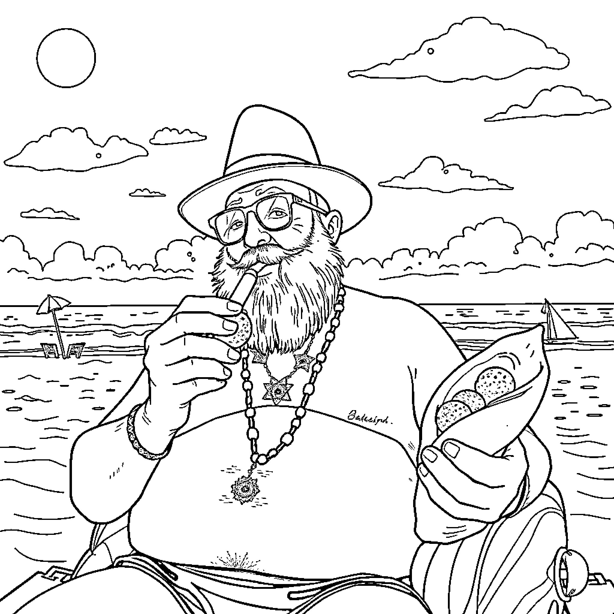 Lubavitcher Rebbe in contemplative pose by the sea Coloring Page (free black-and-white line drawing printable PDF for all, from beginners to advanced learners, including children, teens, adults, and seniors)