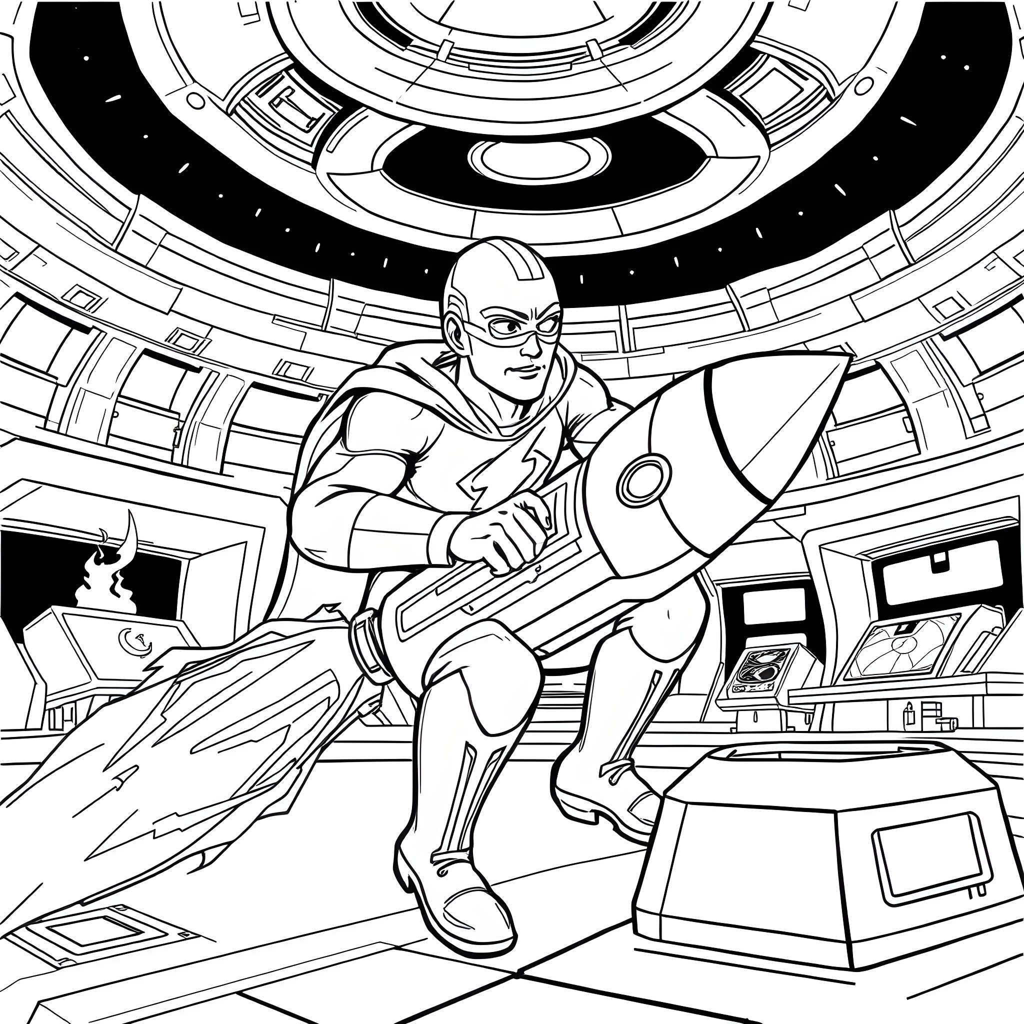 Flash Gordon's futuristic space adventure in a technological command center Coloring Page (free black-and-white line drawing printable PDF for all, from beginners to advanced learners, including children, teens, adults, and seniors)