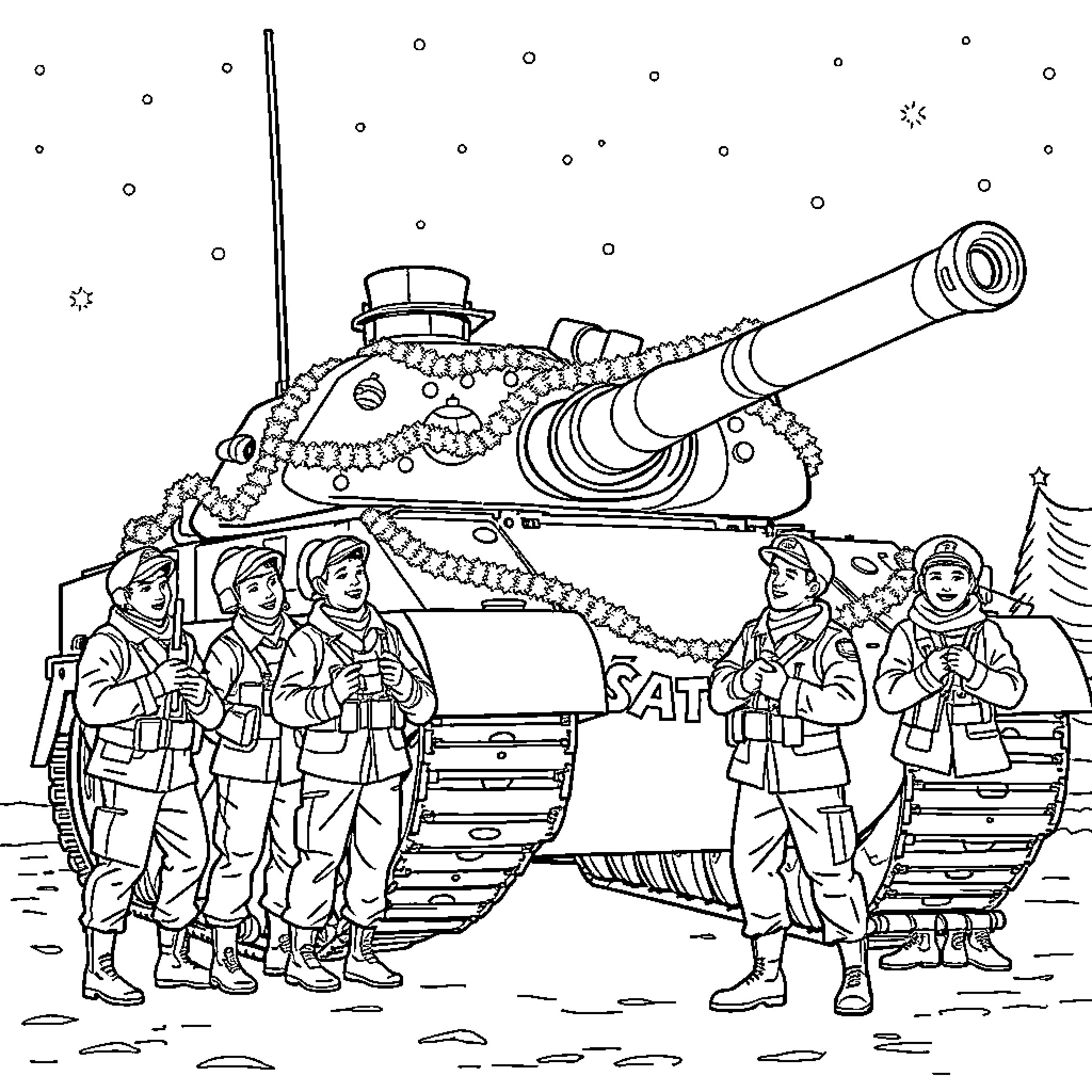 Military Soldiers and Armored Tank in Snowy Landscape Coloring Page (free black-and-white line drawing printable PDF for all, from beginners to advanced learners, including children, teens, adults, and seniors)